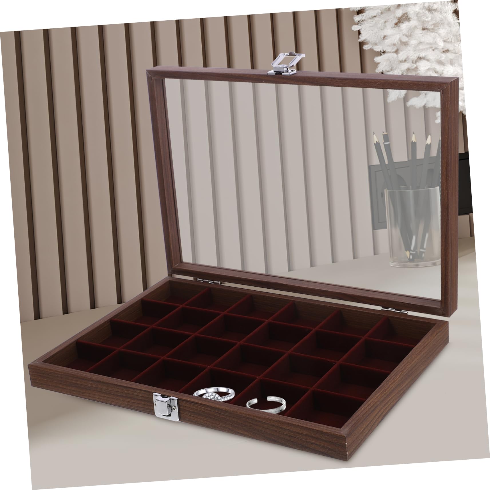 Boîte à Thé Compartimentée en Verre et Bois avec 24 Cases, Design Élégant et Portable, pour Rangement de Sachets à Thé la Cuisine ou Salle à Manger