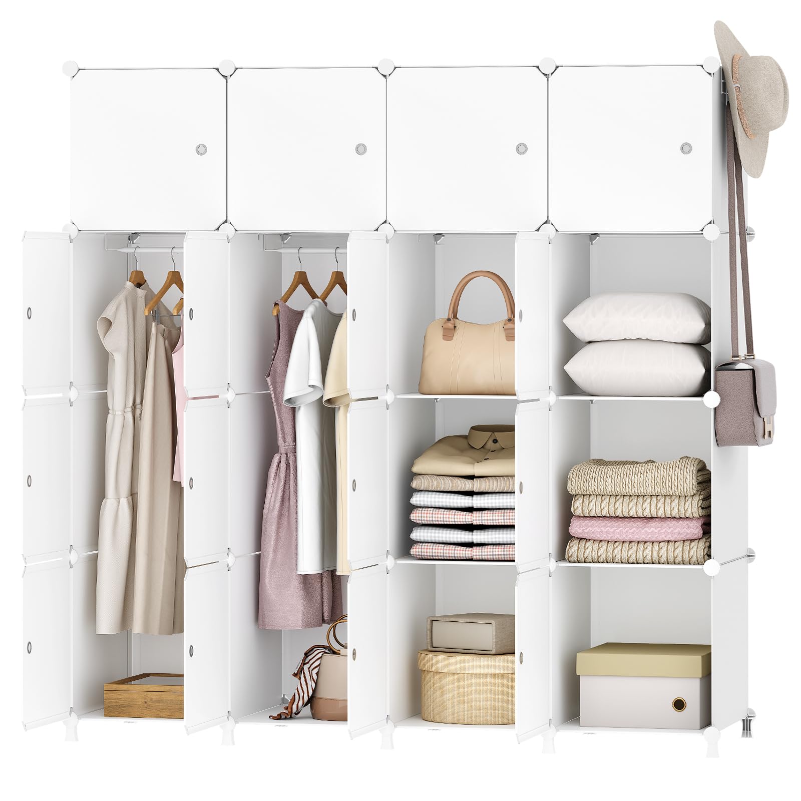 HOOBRO Armadio Modulare 16 Cubi con Ante, Portatile Guardaroba 2 Barra Appendiabiti, Bianco