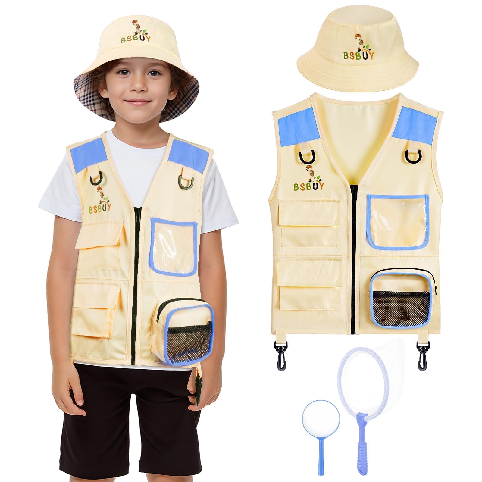 BSBUY Kid Explorer Kit Outdoor Adventure Set 4PCS Kid Explorer Costume Kit Bug Hunting Costume Hat Vest Outdoor Educational Kit Camping Adventure Dress Outfits for Role Play(Brown) — image 1