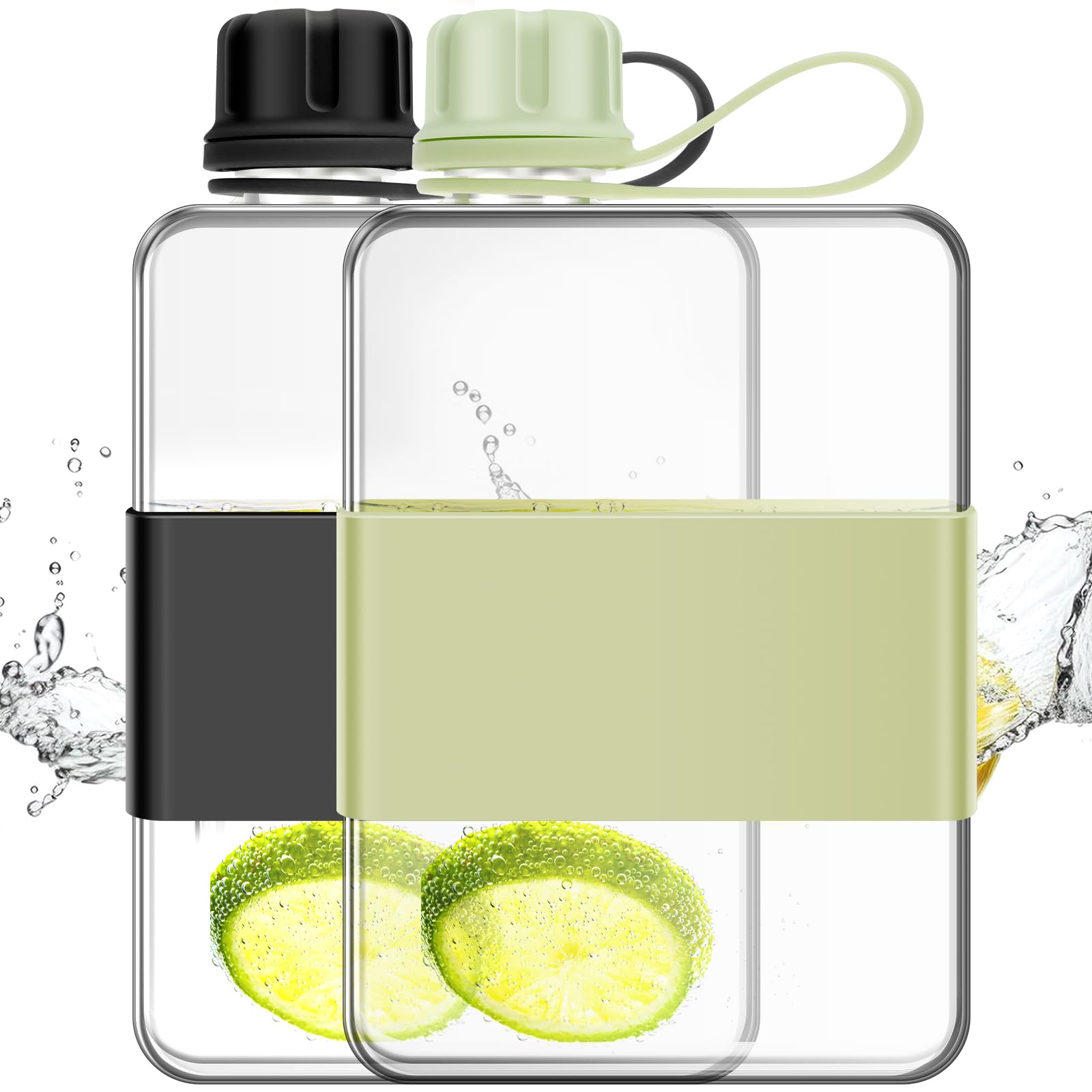 2Pcs Slim Flat Water Bottle, 500ml Portable Liquor Flask with Handle, BPA Free, Clear Leakproof Pocket Drinking Bottle for Travel Outdoor Fitness Sport Cycling Work School(Black Green)