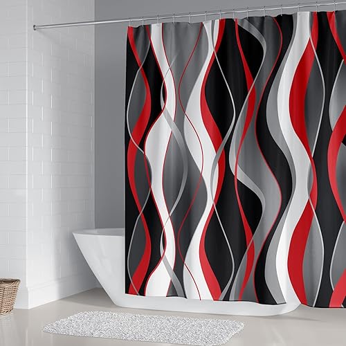 Miniatura 10 de beifivcl Juego de 4 cortinas de ducha rojas con alfombras antideslizantes, cubierta para tapa de inodoro y tapete de baño, juego de accesorios de