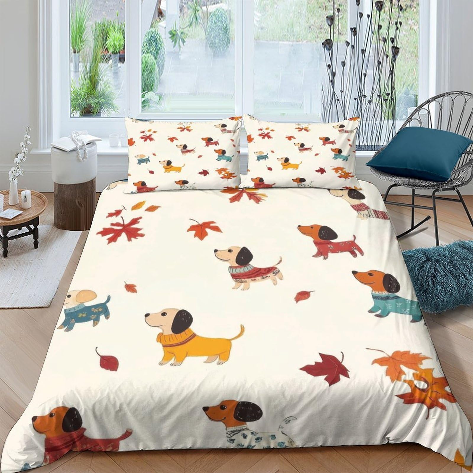 Ctjqhvkz Style-7 3D Printed Cartoon Dachshund Fitted Sheet Microfiber Soft Autumn Leaves Bed Cover For Bedroom Dorm Decor Mattress Protection Single（135X200cm）