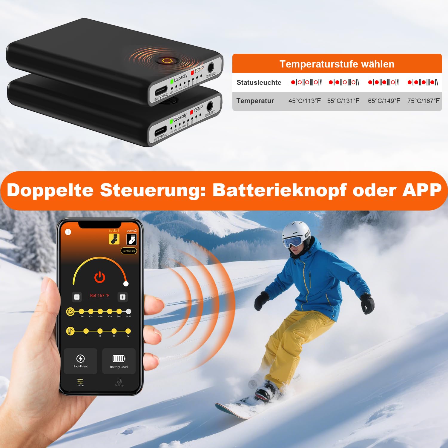 Beheizbare Socken Beheizte Socken,Heizsocken Skisocken 8000 mAh Wiederaufladbare Warme Socken Fußwärmer mit APP-Steuerung Warme Winter Socken Männer Frauen