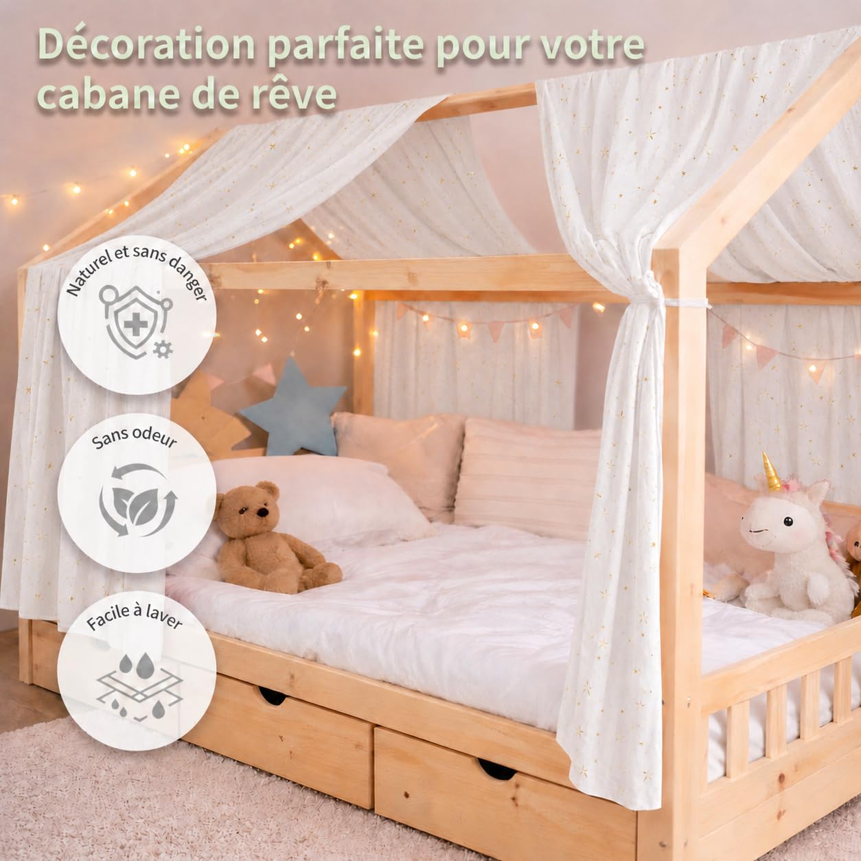 Ciel de lit cabane avec étoiles dorées, Lot de 2 pièces, 100% Coton Mousseline Fait Main, Voilage décoratif pour lit cabane, Filles et garçons（Blanc, 65 X 270 cm）