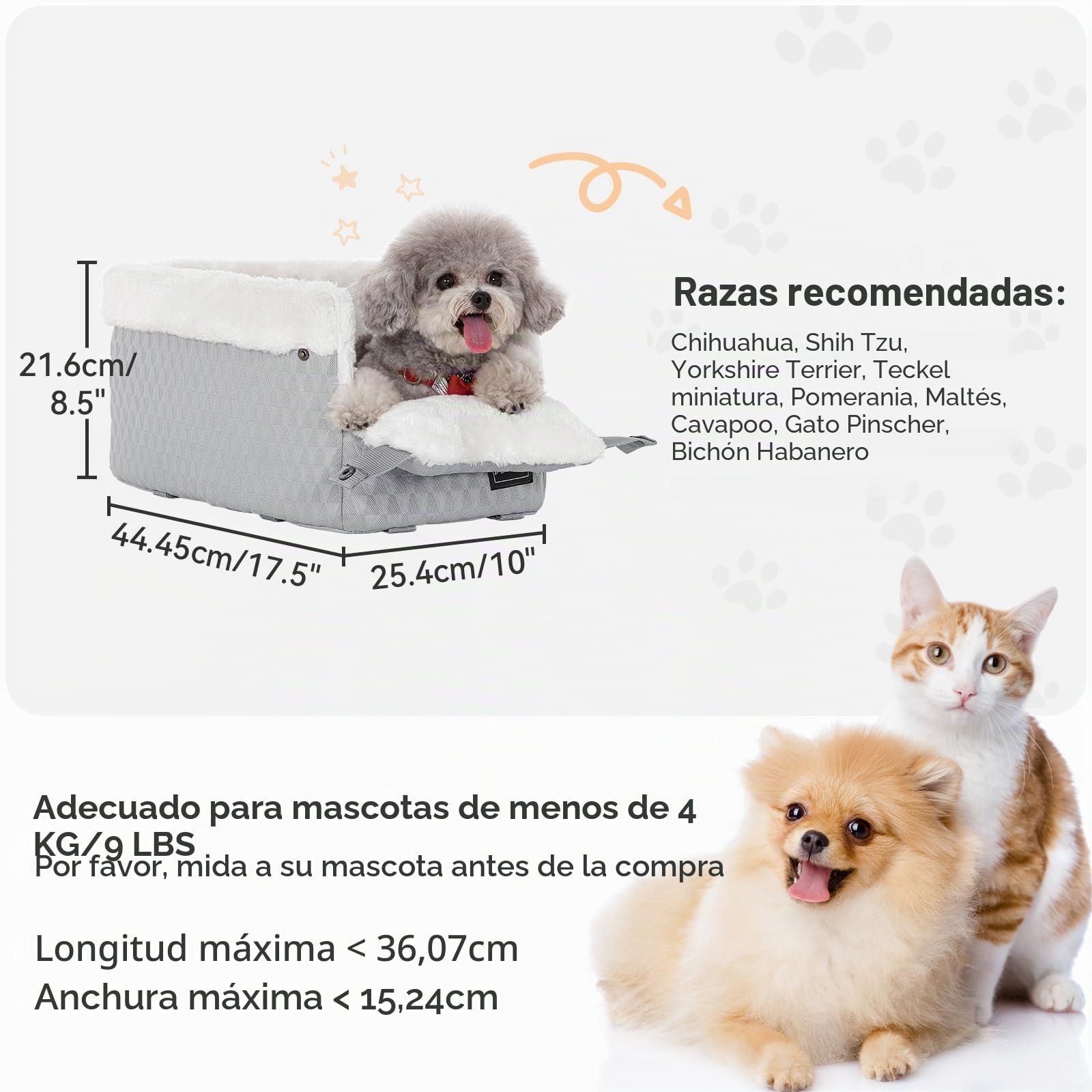 Petsfit Asiento de Perro de Consola de Centro de Coche para Perros Pequeños Gatos, Silla de Coche para Perro con Cinturones de Seguridad Mejorados, Lavable para Perros Pequeños de hasta 5KG