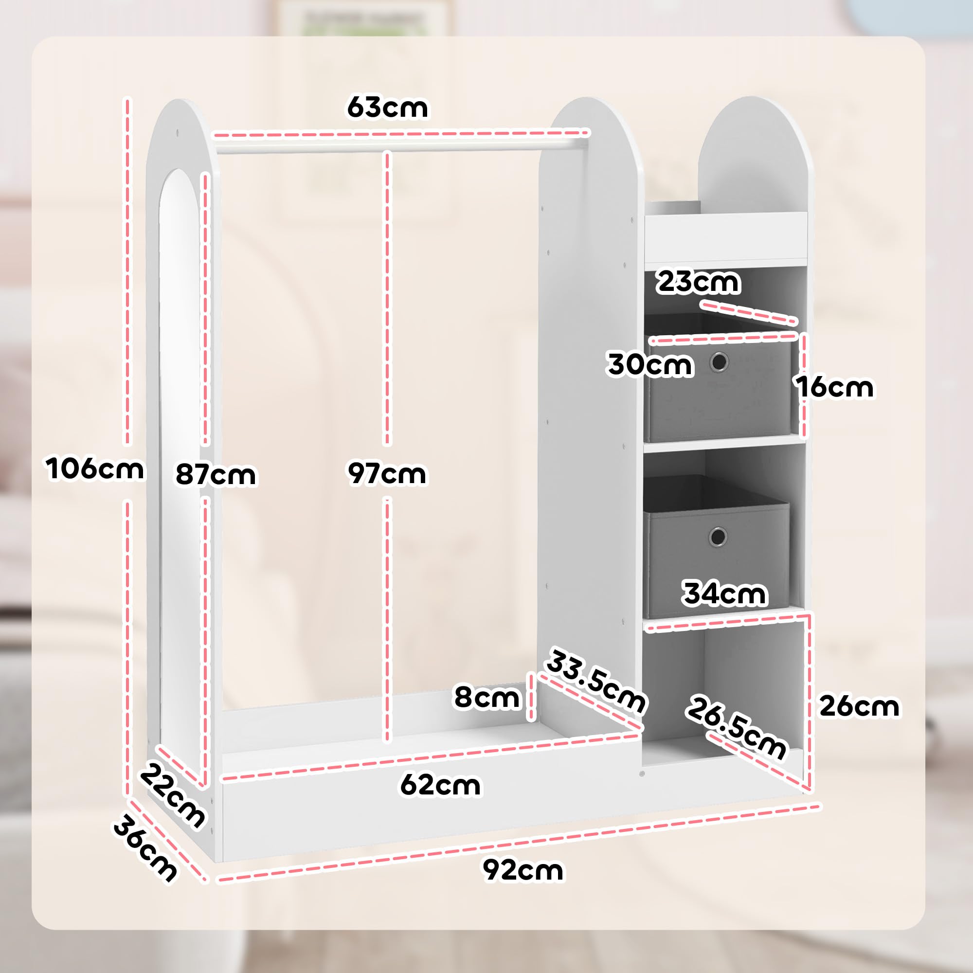 AIYAPLAY Tringle à vêtements pour enfants avec étagère de rangement, boîtes, miroir, armoire pour chambre à coucher, chambre d'enfant, crèche, blanc