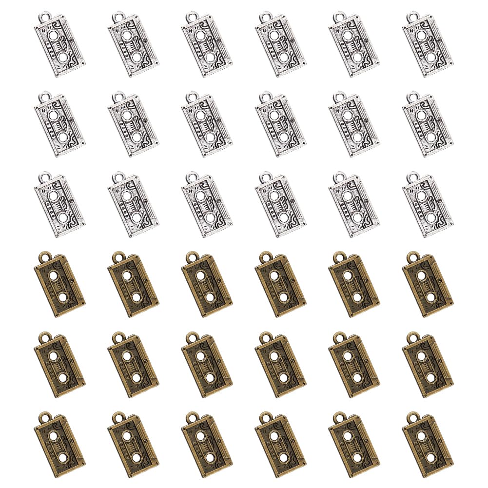 DICOSMETIC Pack of 100 3D Tape Charms, 2 Colours, Retro Cassette Pendants, Antique Bronze Silver, Music Charms, Alloy Audio Cassette Charms for Jewellery Making, Hole: 2.3 mm