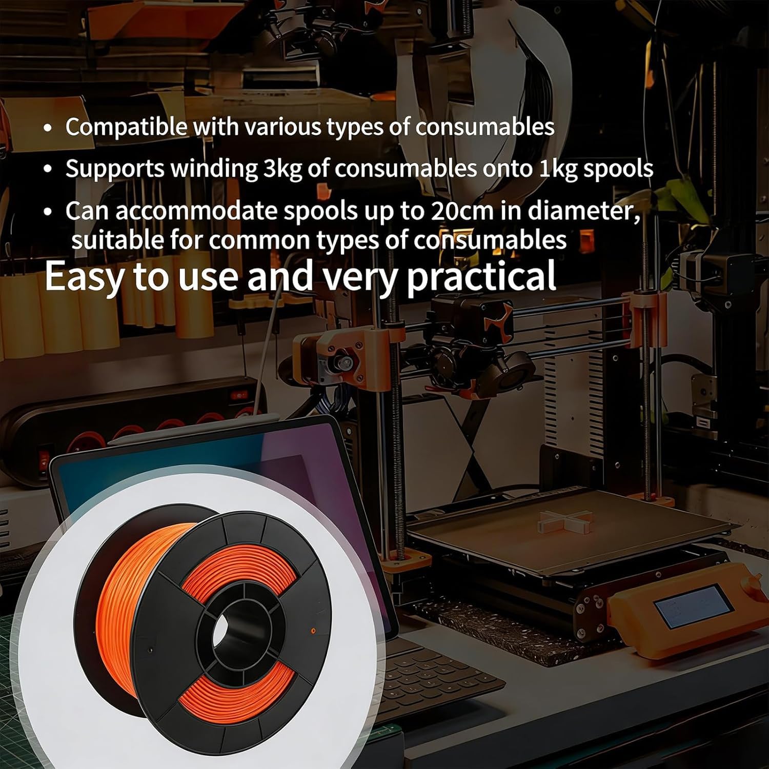 Retractor de filamento para impresora 3D con bobinado eléctrico y diseño modular para gestión de materiales