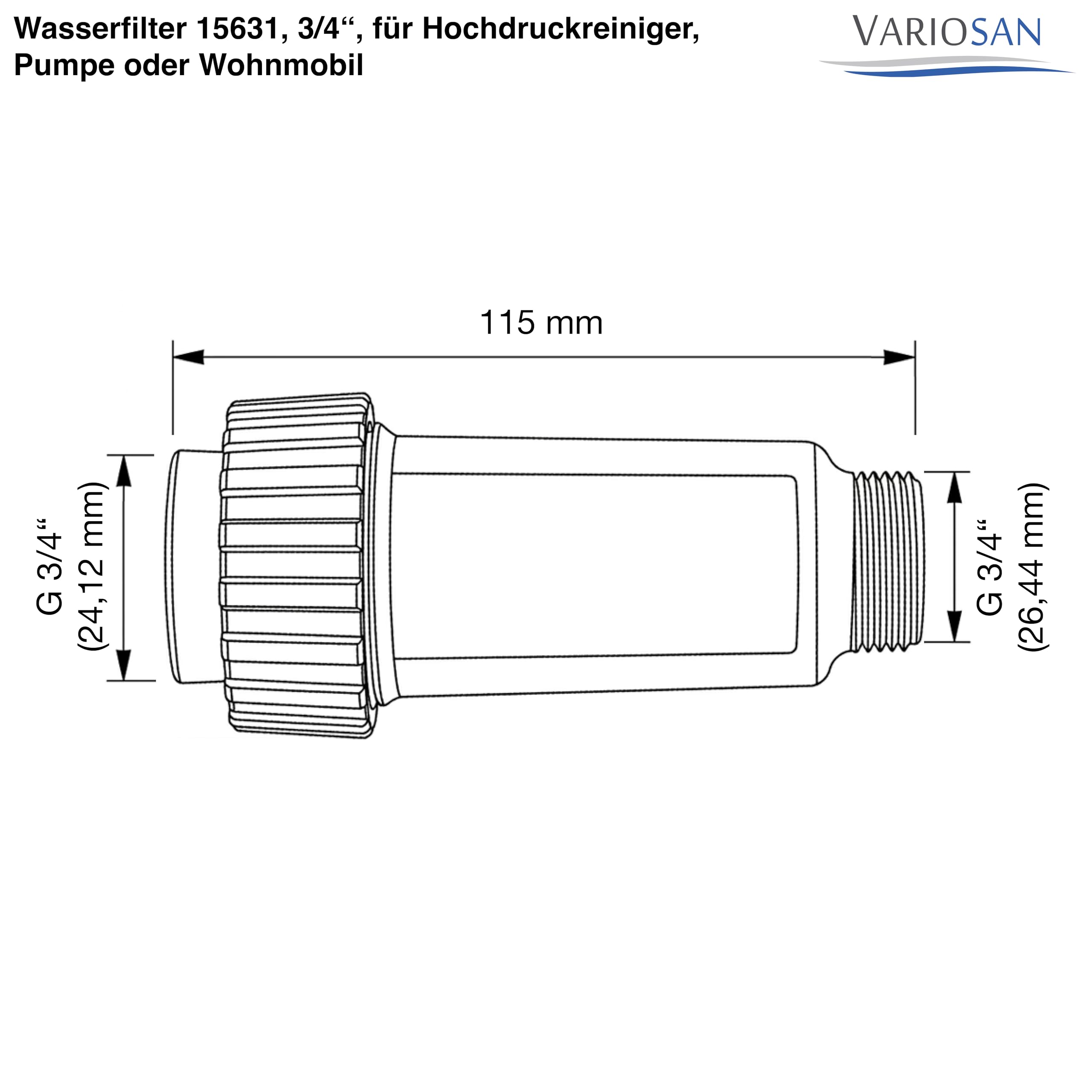 VARIOSAN Filtro de agua 15631, 3/4", para limpiador de alta presión, bomba o autocaravana, compatible con Kärcher 4.730-059.0