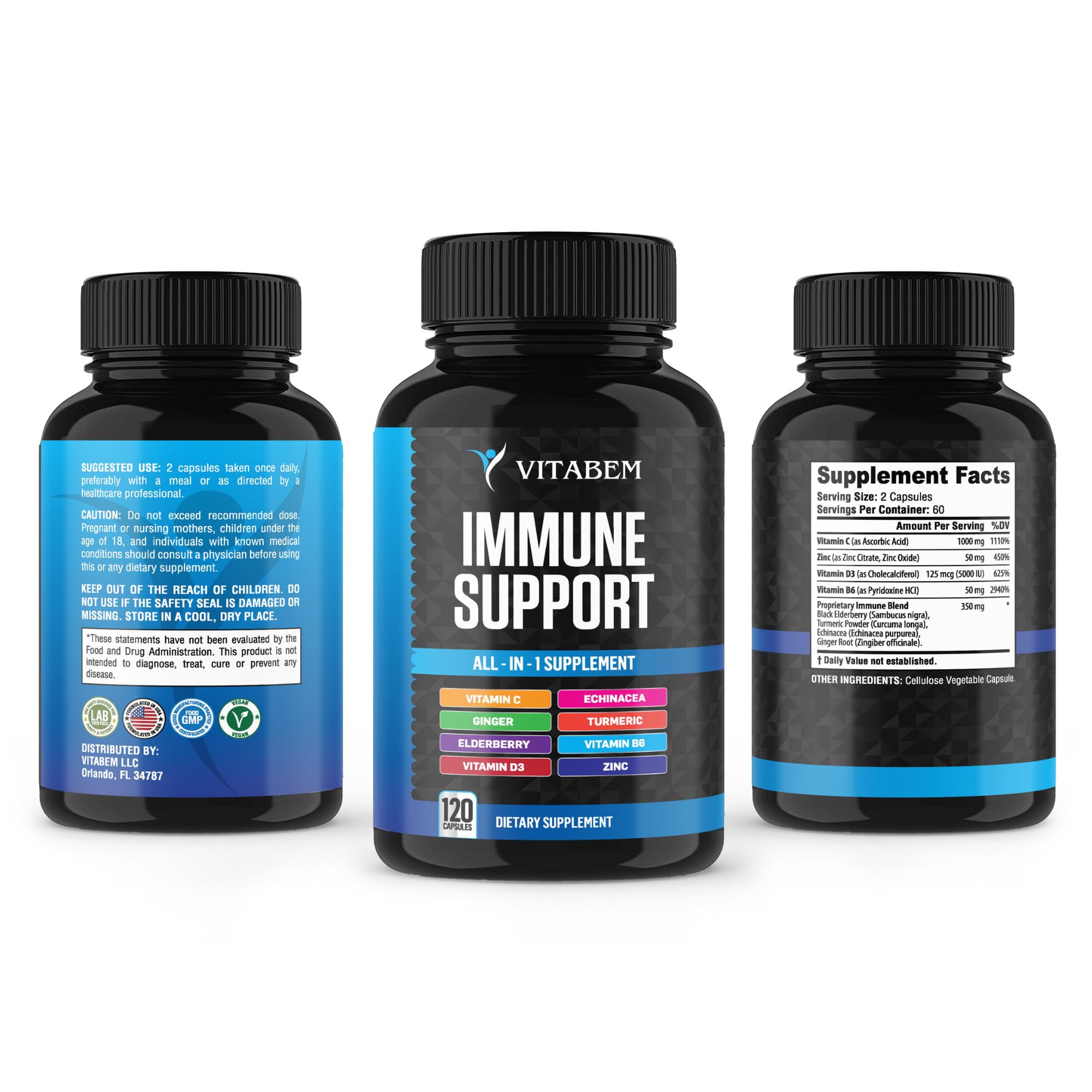 8 in 1 Immune Support Booster Supplement with Echinacea, Vitamin C and Zinc 50mg, Vitamin D 5000 IU, Turmeric Curcumin & Ginger, B6, Elderberry 120 Count (Pack of 1) — Amazon image 3