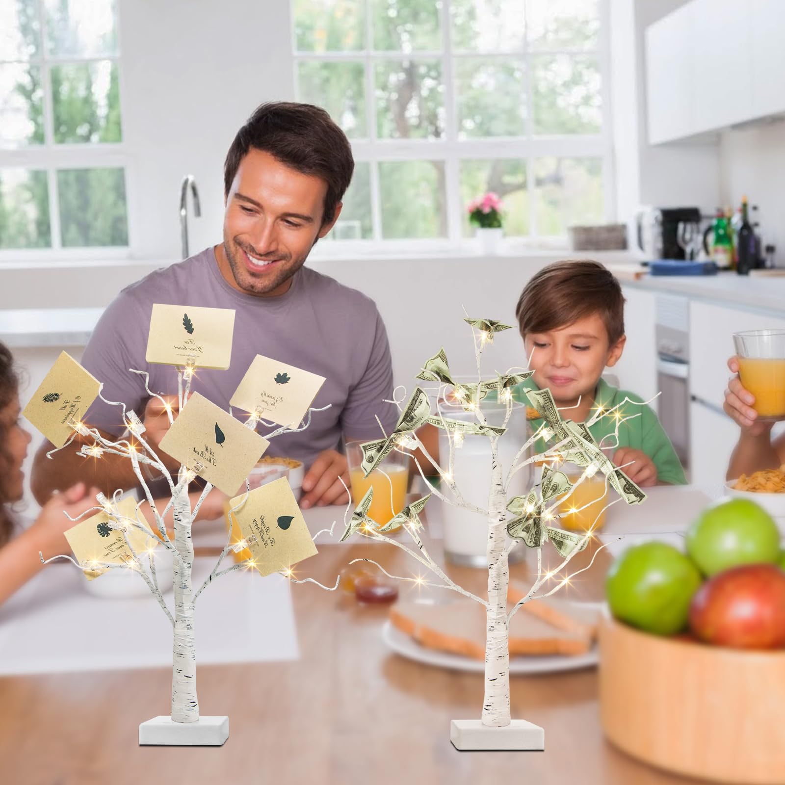 PEIDUO Set of 2 Money Trees, Lighted 22Inch 24LT White Birth Tree with Clips and Greeting Cards, Gift Card Holder for Birthday,Christmas, Wedding, Father's Day Graduation Gifts, Money Tree Gift Holder