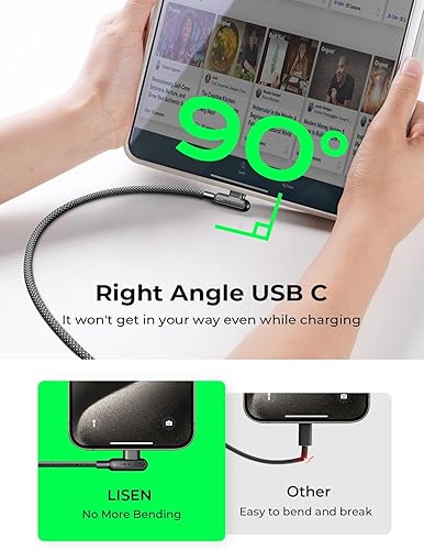 Miniatura 4 de LISEN Cable USB C a USB C de 240 W [2 paquetes/6.6 pies, 2 clips de cable] Cargador tipo C en ángulo recto de carga rápida para MacBook Pro/Air, HP,
