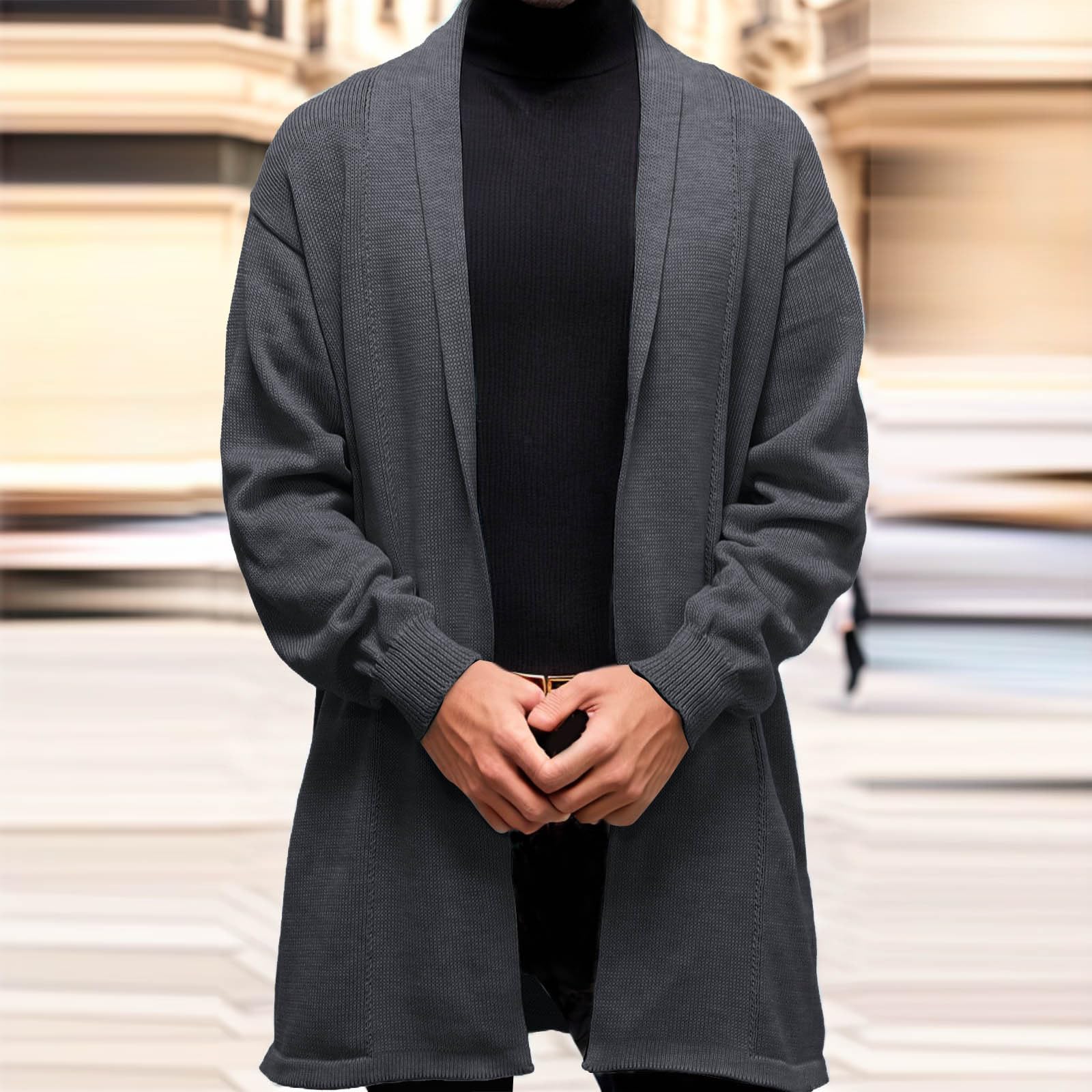 Generisch Cardigan da uomo a maniche lunghe, lungo, leggero, casual, elegante, tinta unita, per autunno, oversize, outerwear