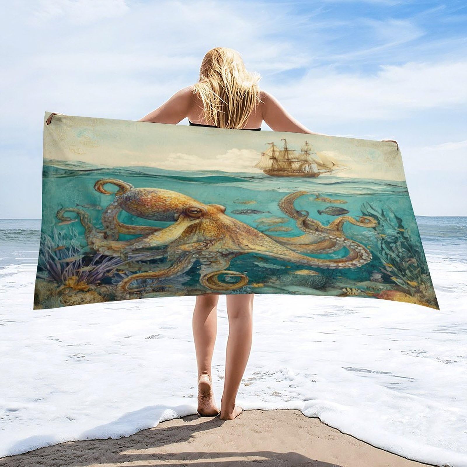 Luyysky Abstract Antique Sea Octopus Quick-Drying Beach Towel, Classic Oil Painting Underwater Animal Octopus Fish Pirate Ship Travel Vacation Single Sided Pile Bathroom Towels-80 W Cm X 160" L Cm