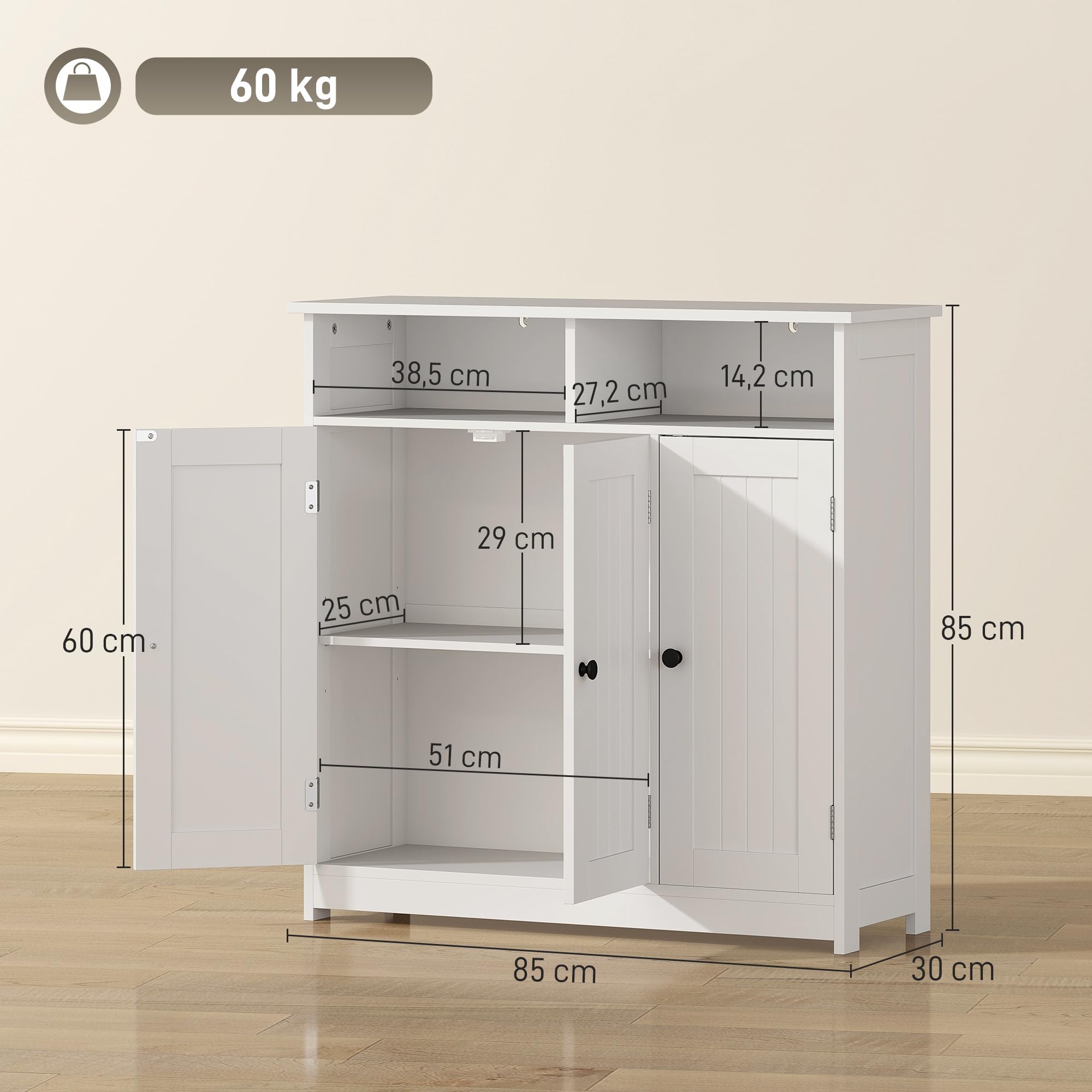 HOMCOM Mobile da bagno, armadio da bagno stretto con 3 ante, 2 scomparti aperti, ripiano regolabile, per soggiorno, cucina, 85x30x85 cm, bianco