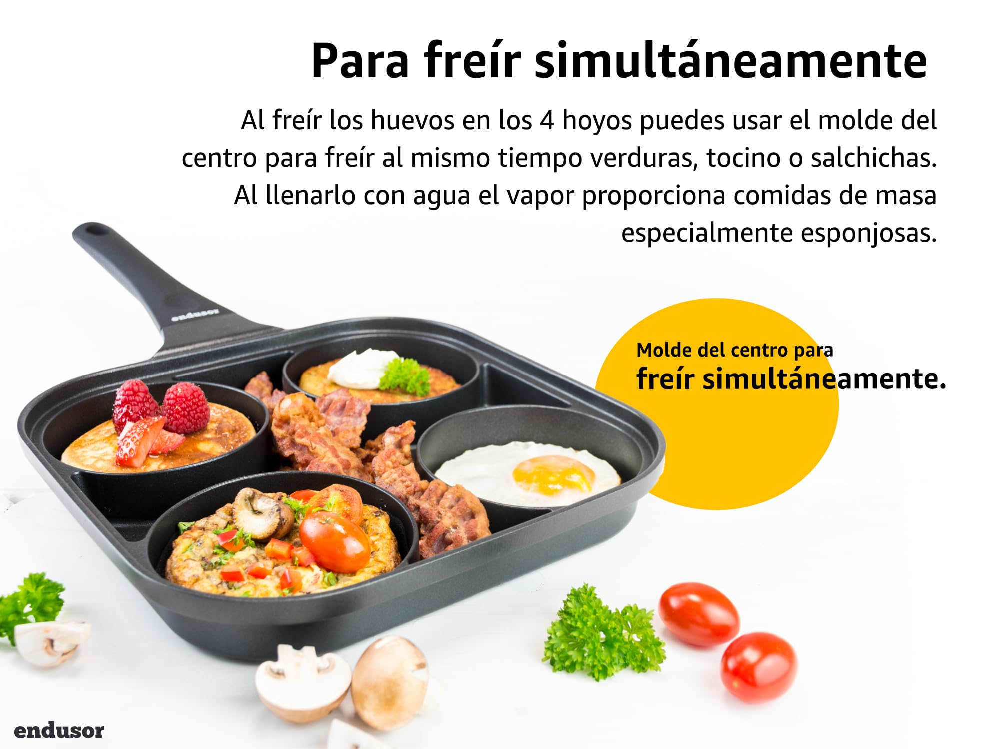 endusor Sartén para Huevo frito y Tortitas con Tapa | Sarten de 27 cm con 4 hoyos y protección antiadherente | Todo Tipo de Cocinas e Inducción | Sartén divida para Huevos fritos Panquecas Crepes