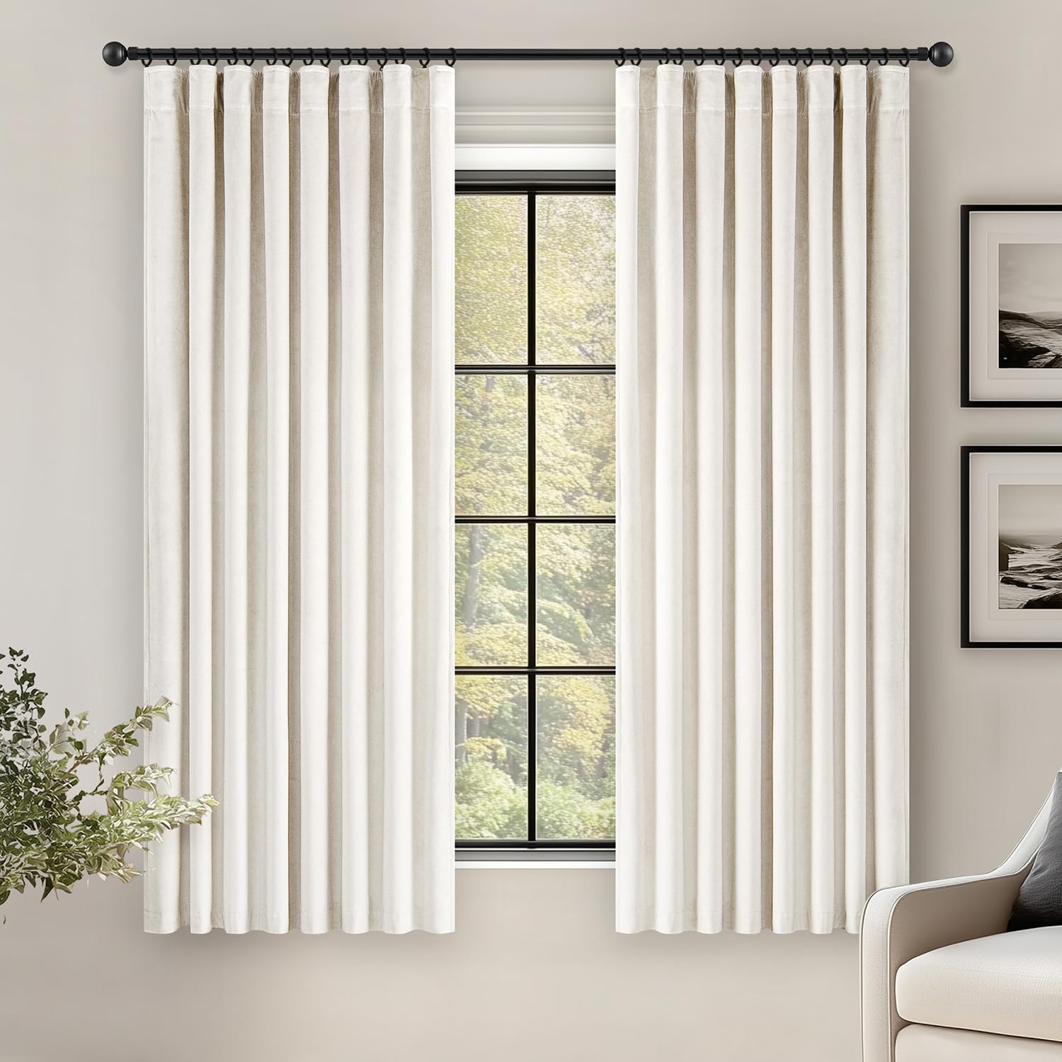 Ivory White Velvet Curtains 63 Inches Long Blackout Thermal Insulated Soundproof Curtain Privacy Room Darkening Curtains Pinch Pleat Window Drapes for Bedroom Living Room 52 x 63 Inch Set of 2