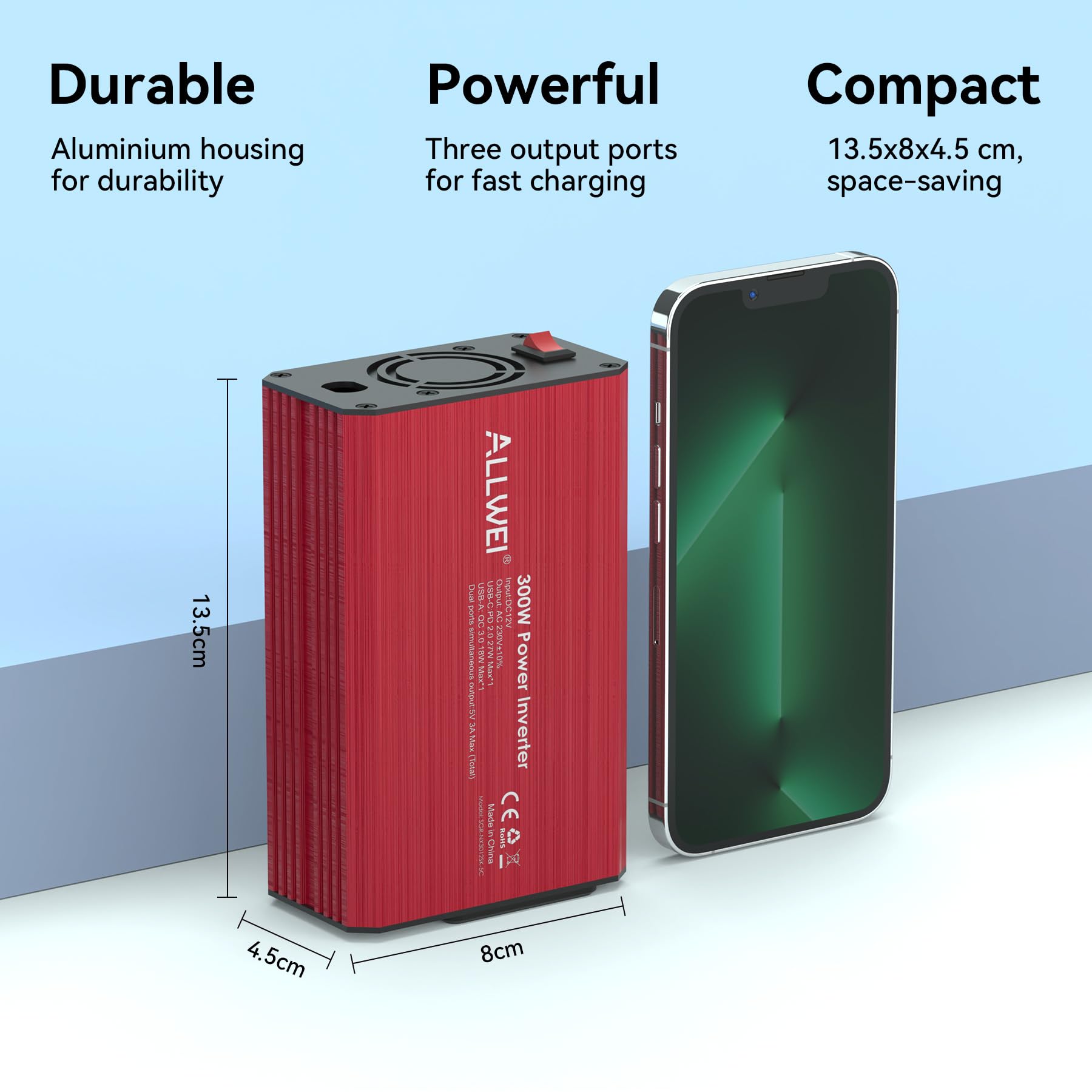 ALLWEI Przetwornica napięcia 300 W, 12 V, 230 V, falownik z przyłączem typu C i USB – do samochodu, przyczepy kempingowej, na kemping, do ładowania telefonów komórkowych, laptopów i innych urządzeń