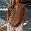 Blusas de Verano para Mujer de Gasa, Casuales de Lino y Algodón, Túnica con Botones, Mangas 3/4, Escote en V, Estilo Campesino, para Playa y Vacaciones 3