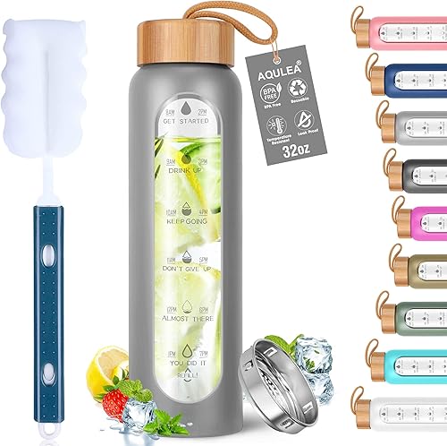 Aqulea Botellas de agua de vidrio de 32 onzas con funda de silicona, botellas de agua motivacionales de vidrio de boca ancha reutilizables sin BPA