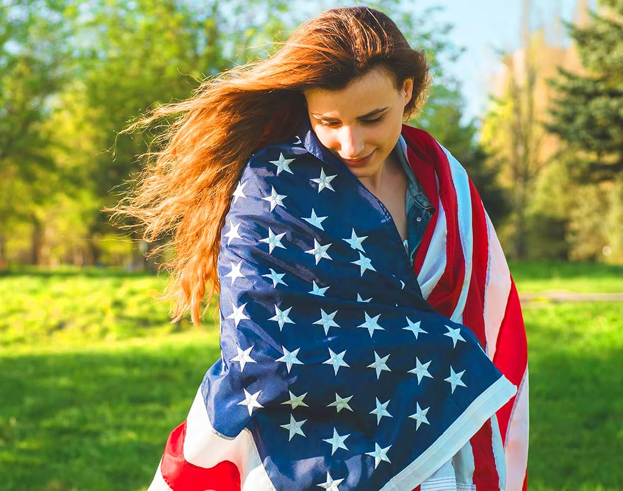 Bandiera americana in cotone, 1,8 x 3 m, ultra resistente per esterni, tessuto antistrappo, stelle ricamate, occhielli in ottone, perfetta per bandiera americana all'aperto, mostra il tuo patriottismo