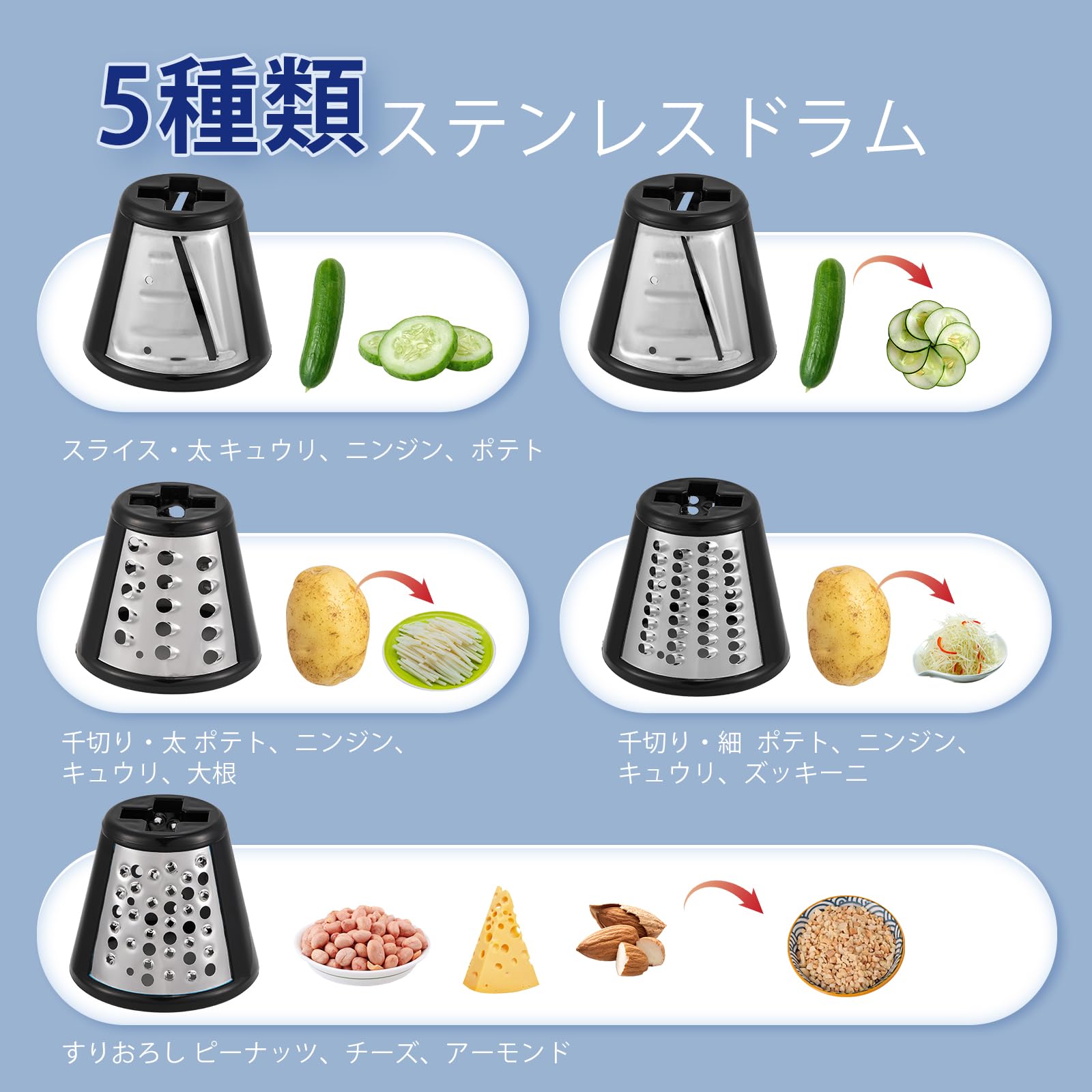 Amazon | Moongiantgo 電動野菜スライサー 野菜サラダメーカー 替刃5