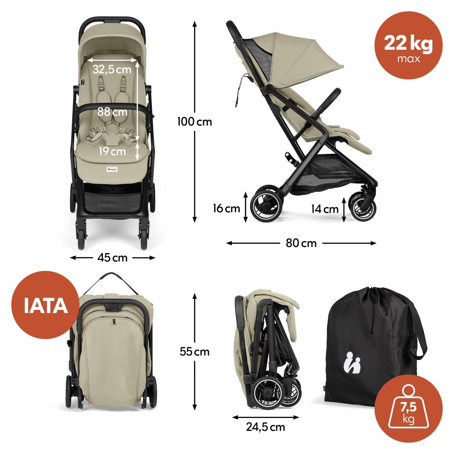 hauck Fly N Care Passeggino da Viaggio Ultracompatto e Leggero con Borsa di Trasporto e Adattatori Ovetto, Pieghevole con Una Mano, Schienale Reclinabile dalla Nascita a 22 kg, UPF 50+