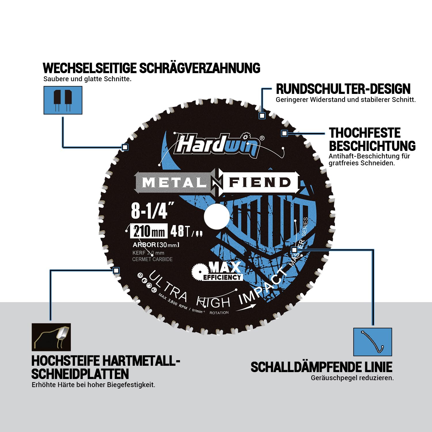 Hoja de sierra circular para metal 210 x 30 mm, 48 Z Cermet carburo cementado – Disco de corte para perfil, tubos y acero – Hoja de sierra de corte profesional para cortadora en seco/sierra