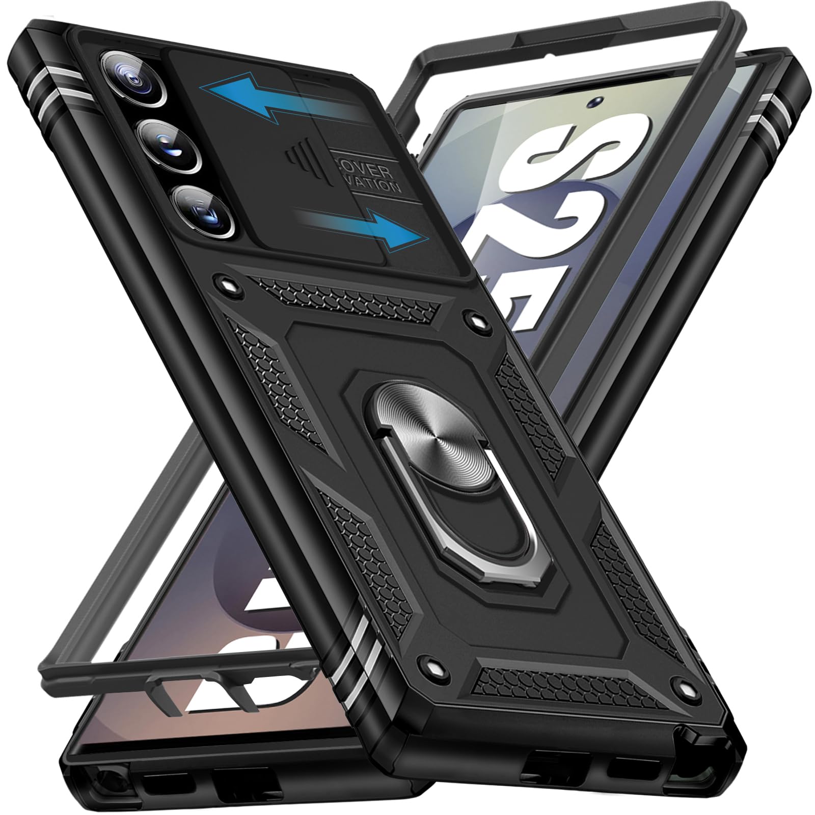 Giyer Cover per Samsung Galaxy S25 Ultra Custodia con Vetro Temperato, Antiurto Grado Militare 360° Anello Supporto Armor Bumper Case, Antiurto per Samsung S25 Ultra 5G Cover (Nero)
