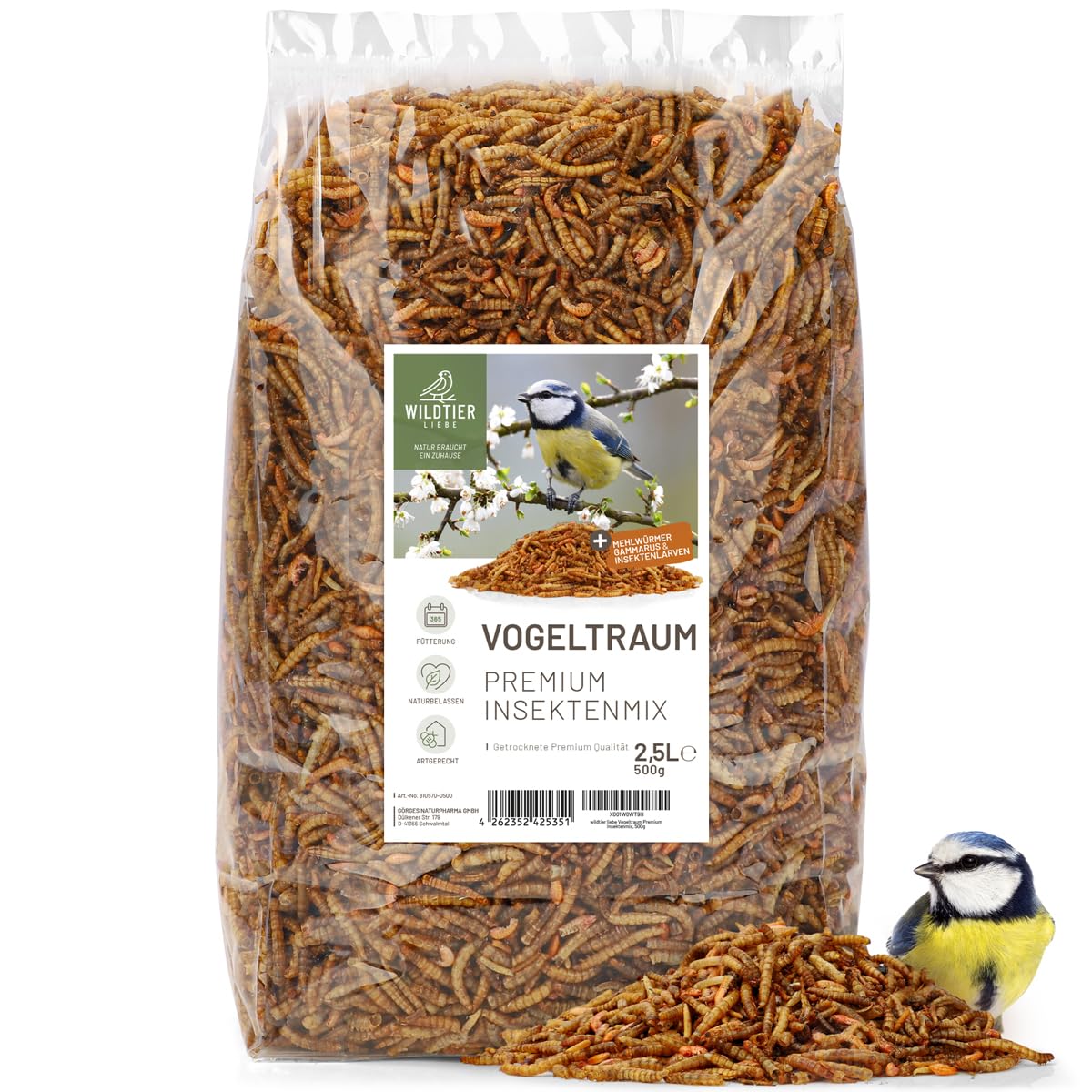 wildtier liebe Vogeltraum Mélange d'insectes de qualité supérieure 2,5 l I Vers de farine séchés, larves d'insectes et gamarus pour oiseaux I Vers de farine séchés, nourriture pour oiseaux sauvages,