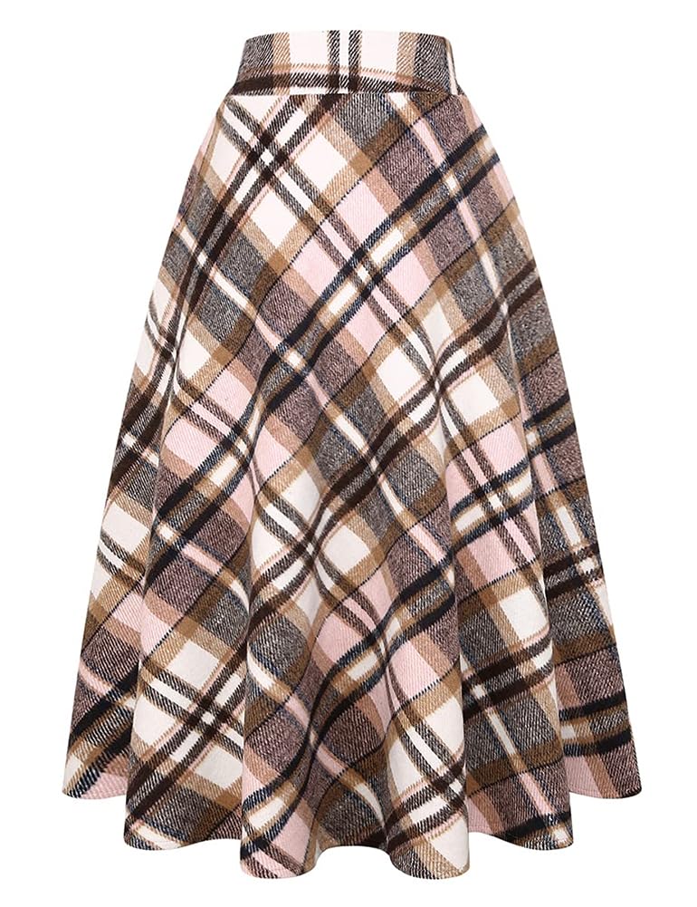Long Plaid Wool Skirt for Womens Winter Fall Warm High Elastic Waist A line Flared Pleated Wool Tartan Skirts