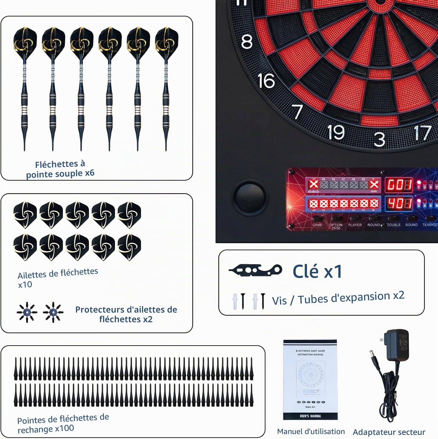 Jeu de flechette electronique avec 6 fléchettes et 100 Pointes de Rechange, Cible flechette electronique avec Voix et écran LCD, Jeux de flechette electronique avec 25 Jeux et 290 Variations