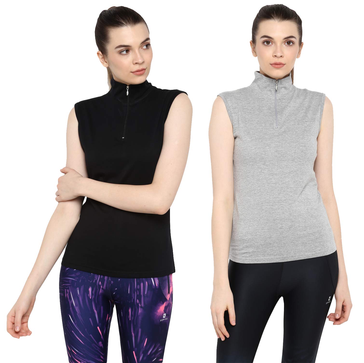 Ap'pulse Women's Sleeveless 1/4 Zip Hineck Tshirt(Pack of 2)
