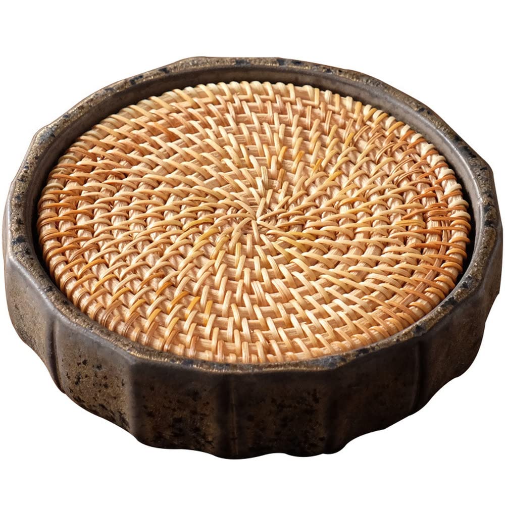 Bandeja de té Simple for el hogar, Bandeja for Servir té, tapete de Mesa Hecho a Mano Tejido de Mimbre de gres de 14cm, Juego de té de Kung Fu, Bandeja de té for Ceremonia del té