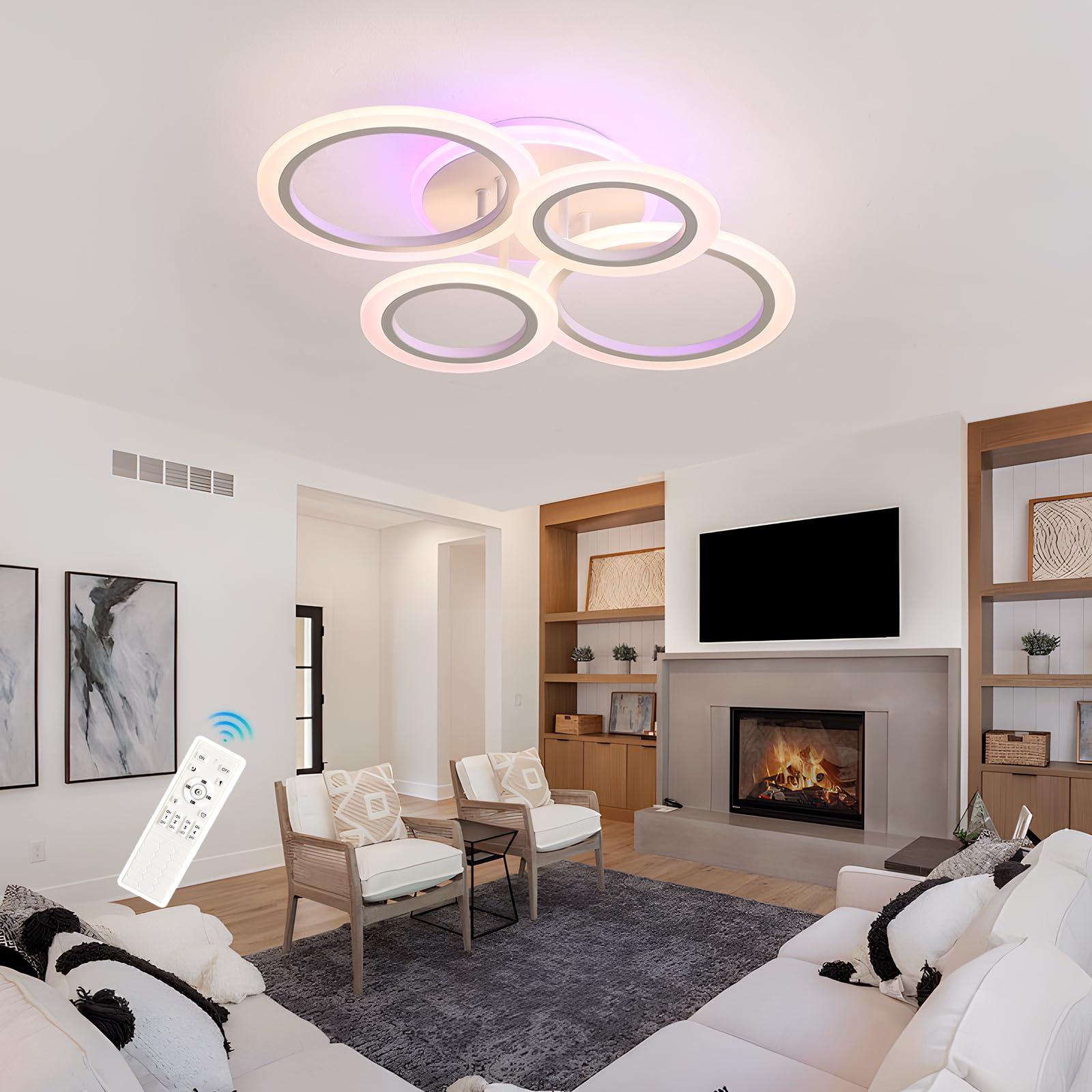 Plafoniera LED Soffitto 50W, 4 Anelli Dimmerabile con Telecomando | 3000-6000K, luce ambiente rosa/viola/blu, 3000LM, memoria, 10-100%, per soggiorno, camera da letto, cucina e sala da pranzo