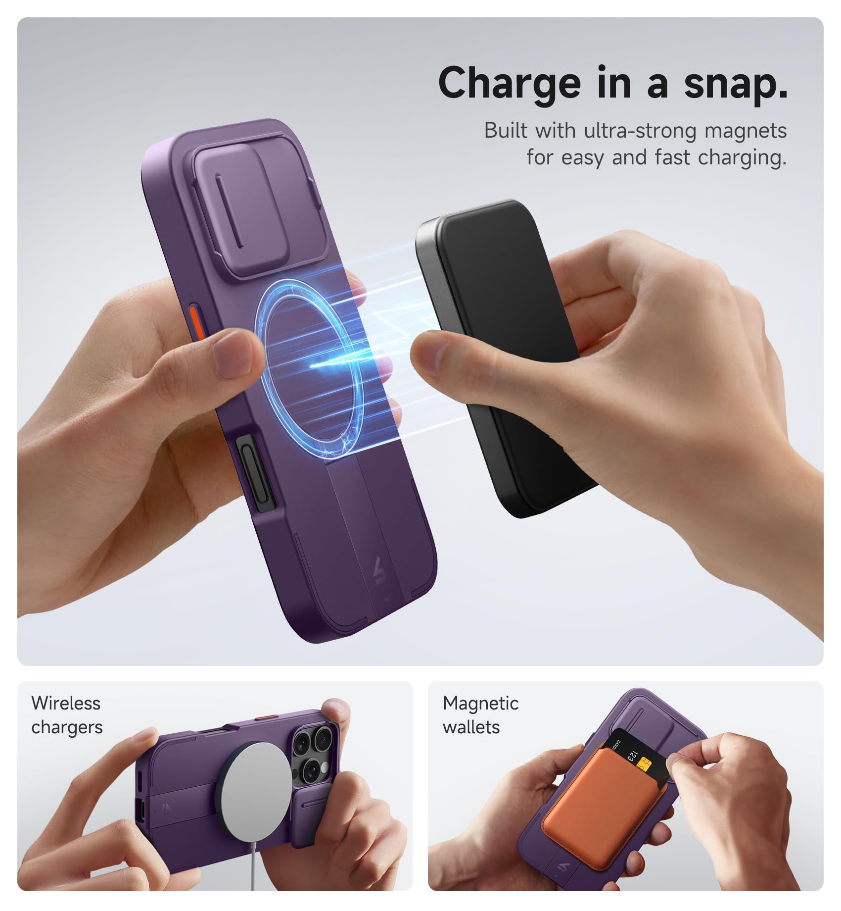 SURITCH Etui magnetyczne, kompatybilne z iPhone 16 Pro, odporne na uderzenia etui na telefon, odporne na zarysowania, etui ochronne z przesuwaną osłoną aparatu i regulowaną podstawką (fioletowe)