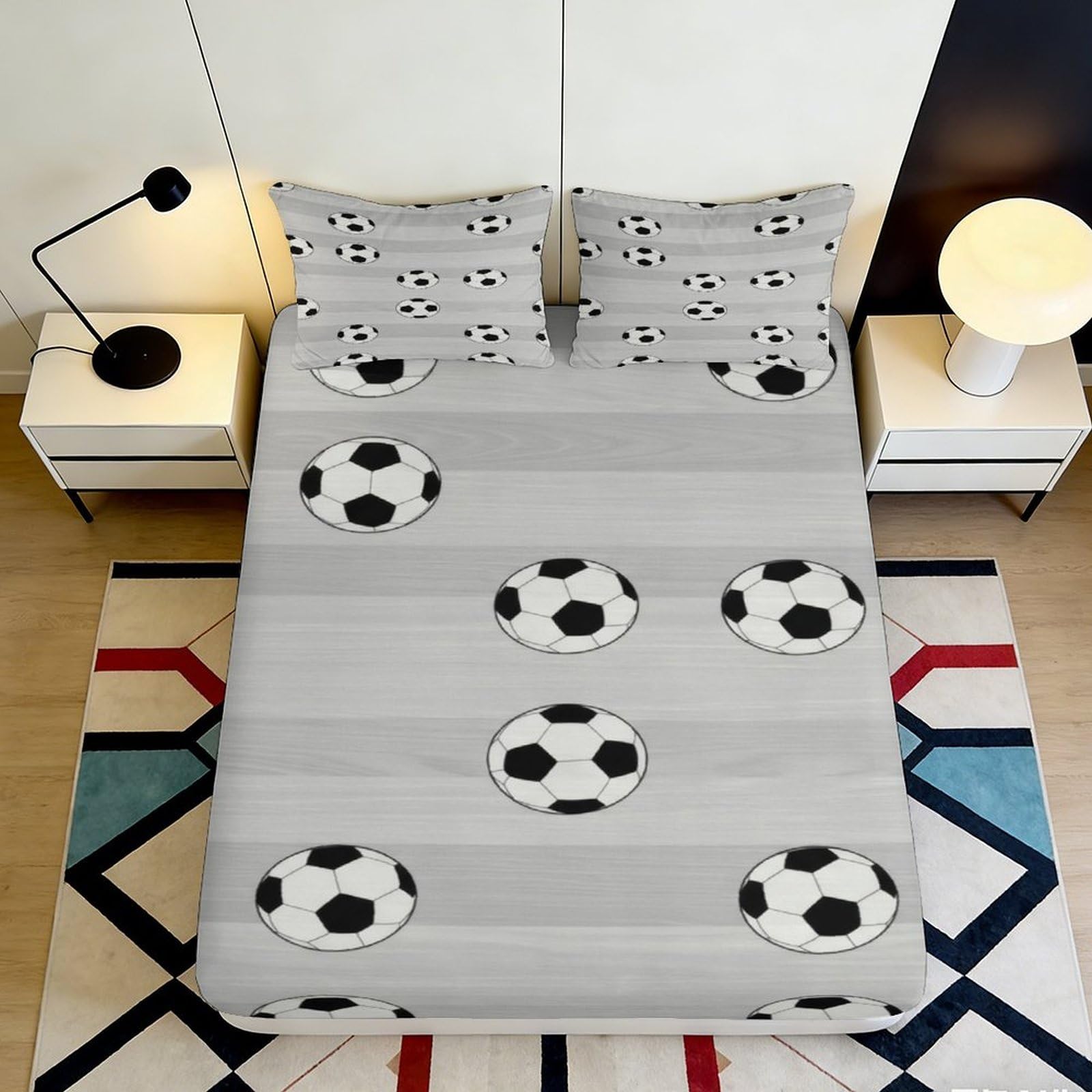 3D Printed Football Pattern Fitted Sheet Microfiber Grey Soccer Ball Mattress Cover Anti-Slip Easy Care for Bedroom Guestroom 90x200x25cm