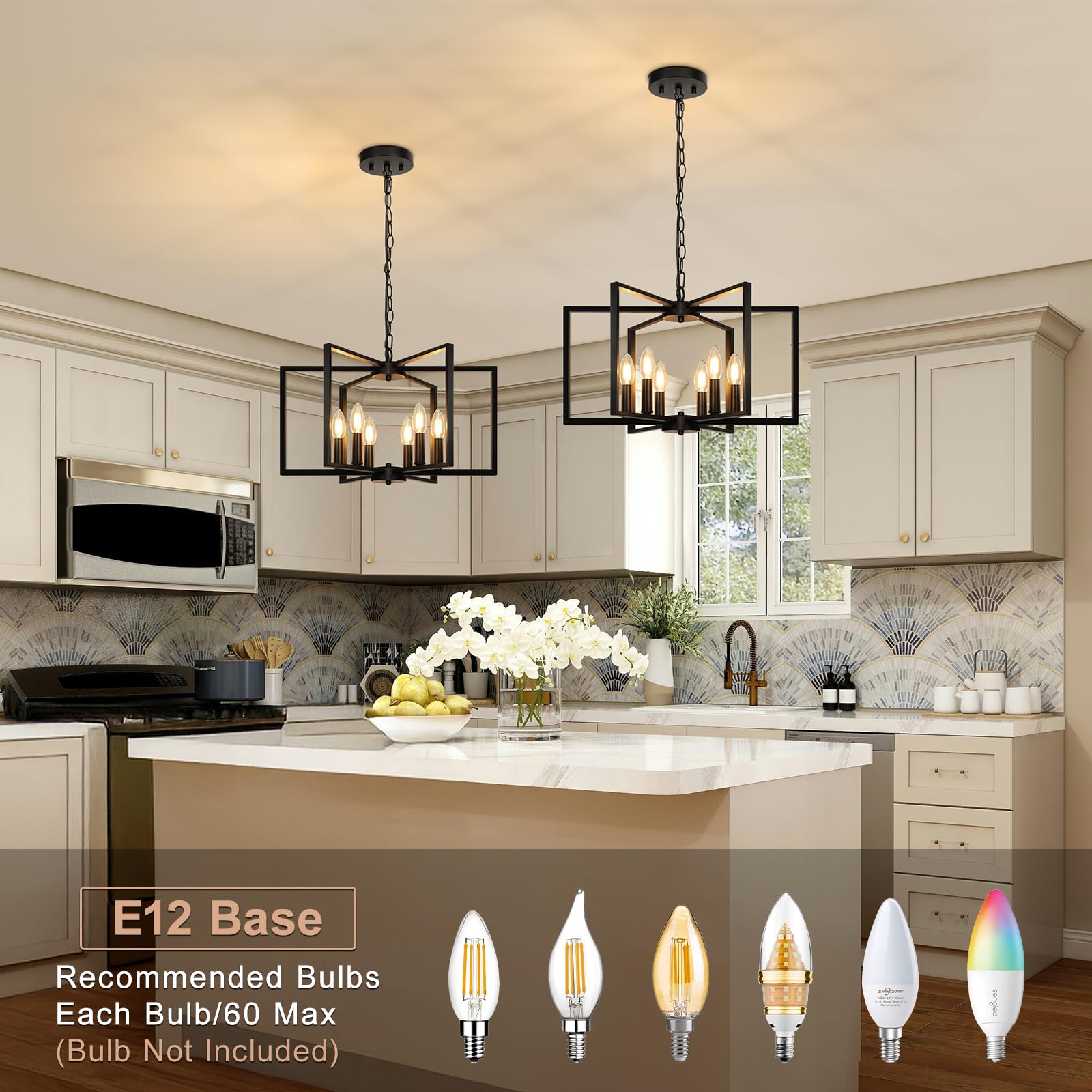 Black Farmhouse Chandelier, 6 Light Geometric Dining Room Light 