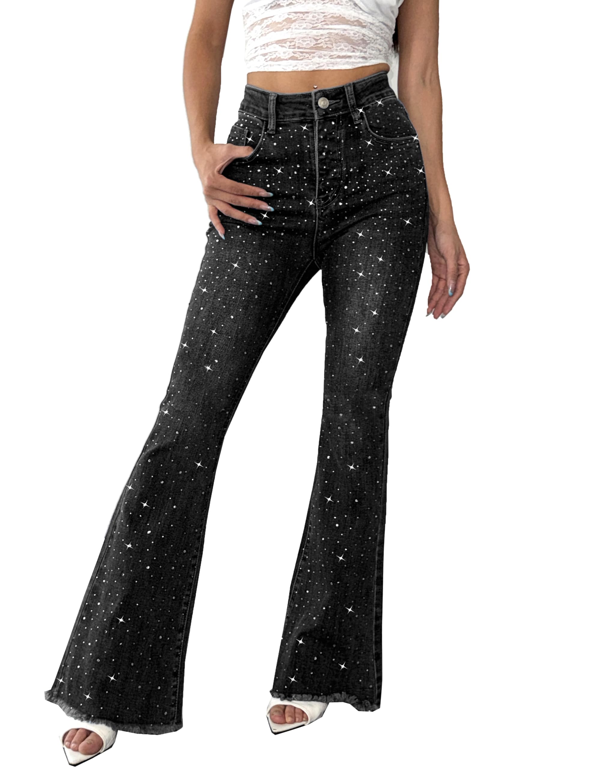 Women's Rhinestone Jeans Bootcut Flare Denim Pants High Waist Sparkle Shiny Sequin Ripped Jean, Plain Black, XXL