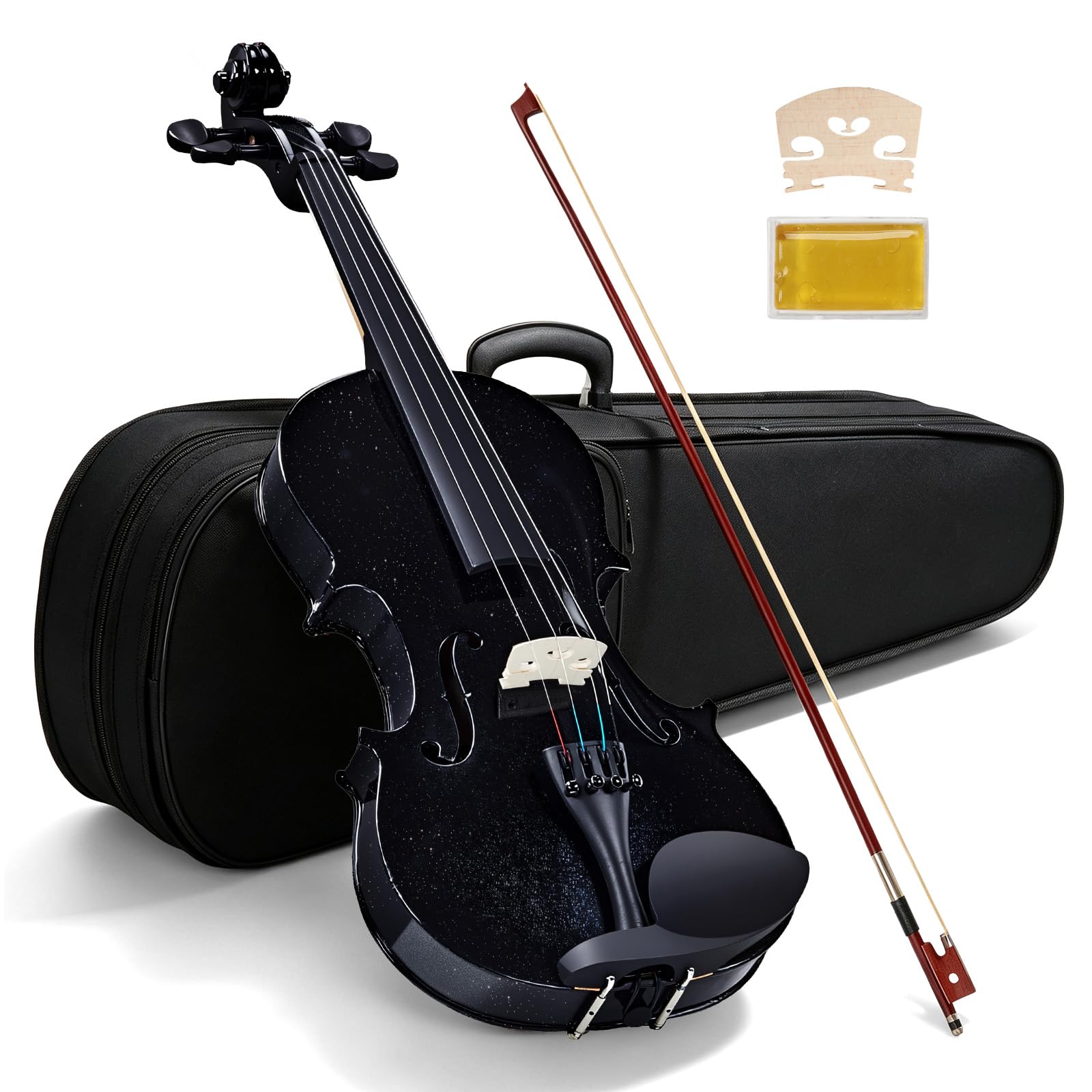 Bonnlo Violine Set 4/4, Violin Vollgröße aus Lindenholz für Anfänger, Geige mit Hartschalenkoffer, Bogen, Kolophonium, Ersatzsaiten & Schulterstütze, ideal für Erwachsene & Kinder, Schwarz