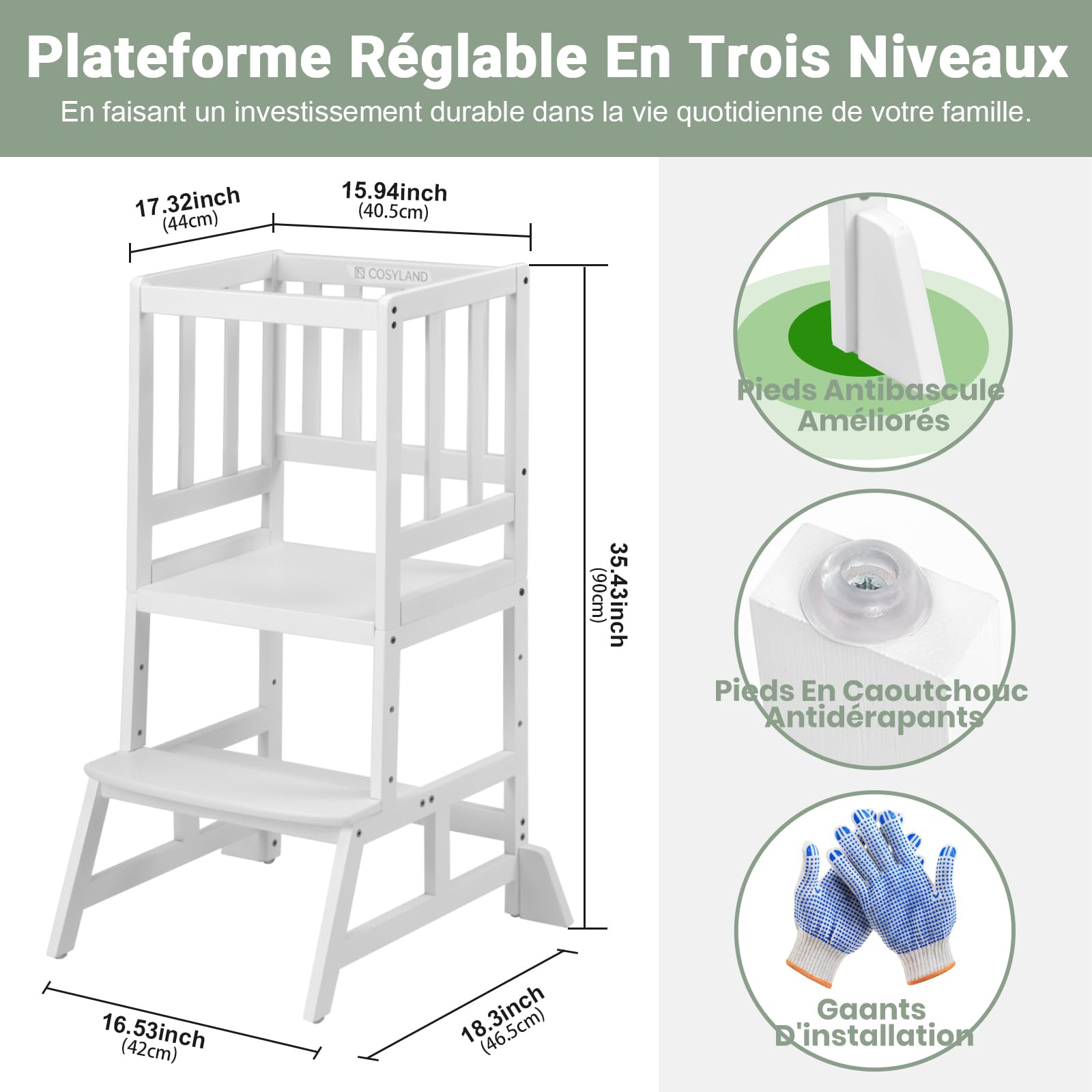 COSYLAND Tour d’Observation Montessori pour Enfant, Hauteur Réglable, Bambou Naturel, Chaise d’Apprentissage Bébé 18 Mois - Classic White