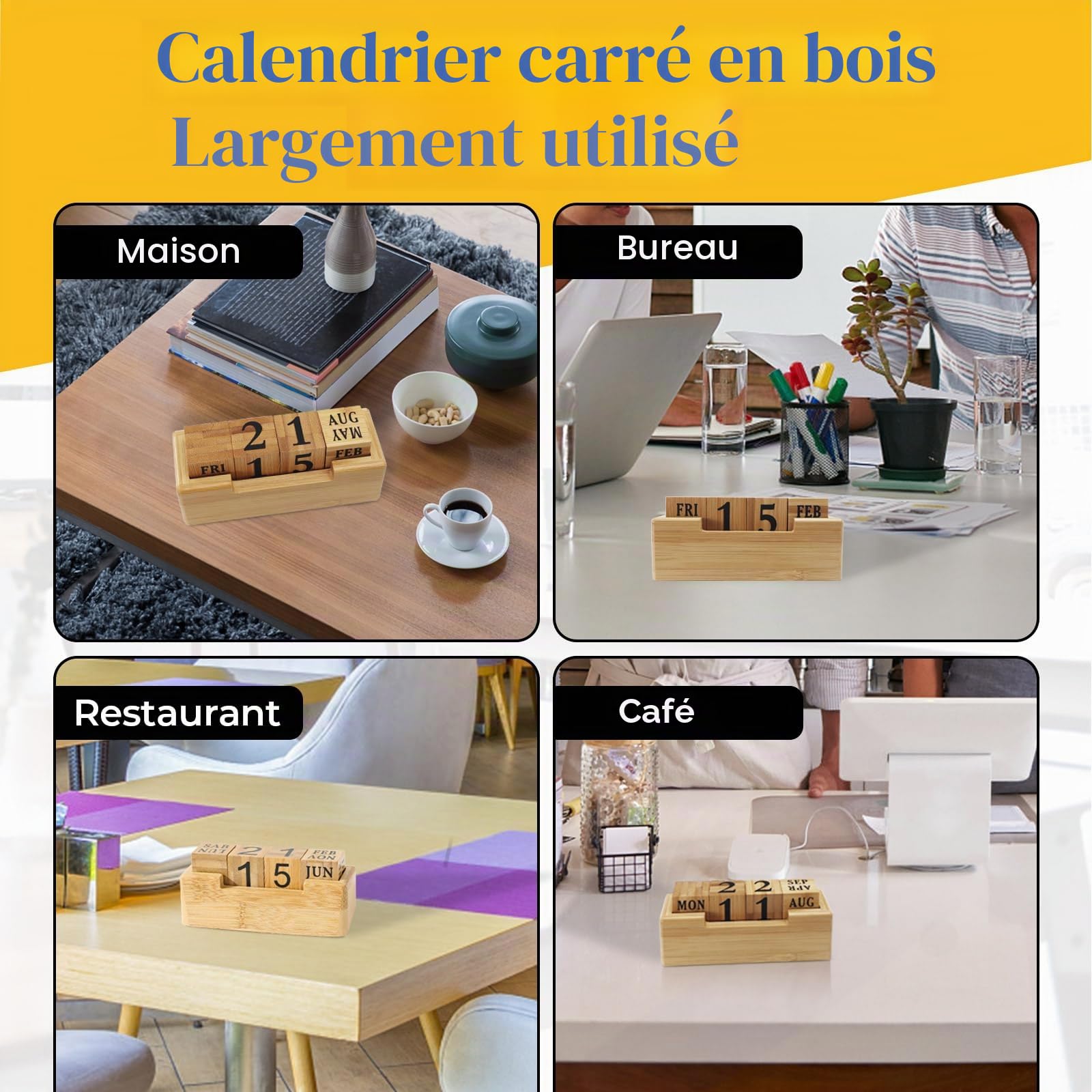Calendrier perpétuel en bois pour bureau, blocs d'affichage du mois, de la date et du jour de la semaine, pour décoration de bureau rustique, accessoires de bureau mignons