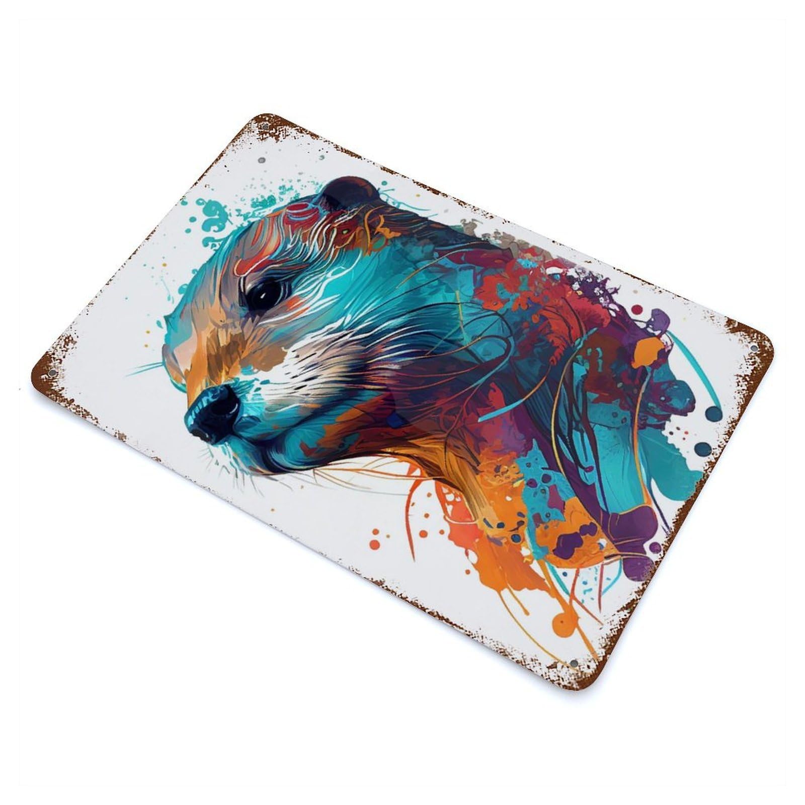 Colorful Otter Animals Distressed Metal Wall Sign 11.8"x7.9", Ideal for Cafe, Home Bar And Lounge Decor