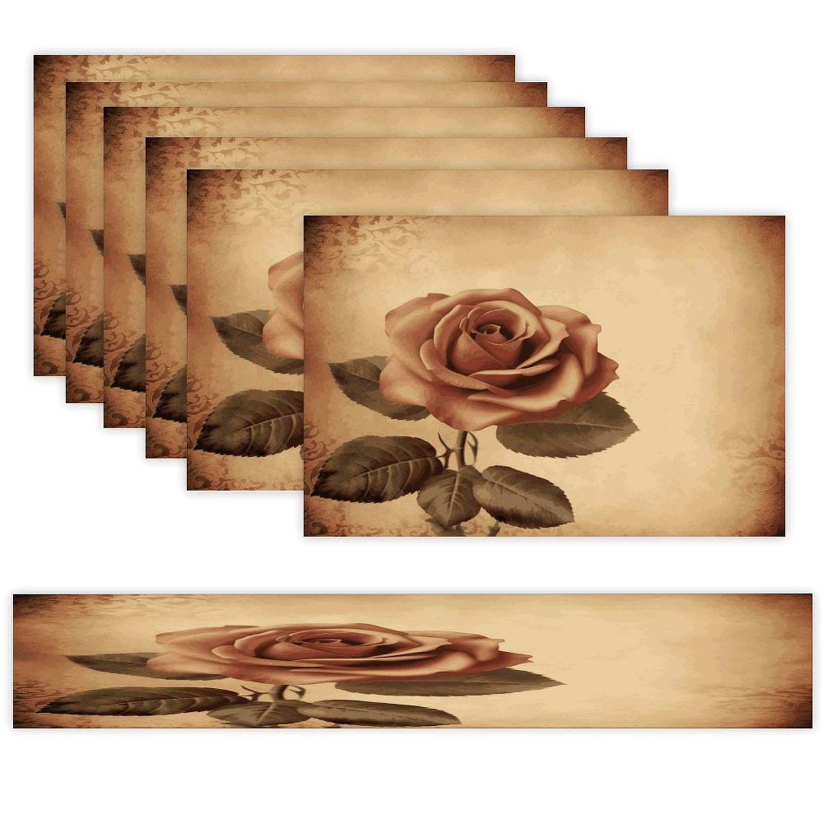 Vintage Rose Table Runner and Placemats of 6 Washable Heat Resistant Place Mats with Table Runner Vintage Holiday Table Mat Set for Holiday Party Kitchen Dining Deco
