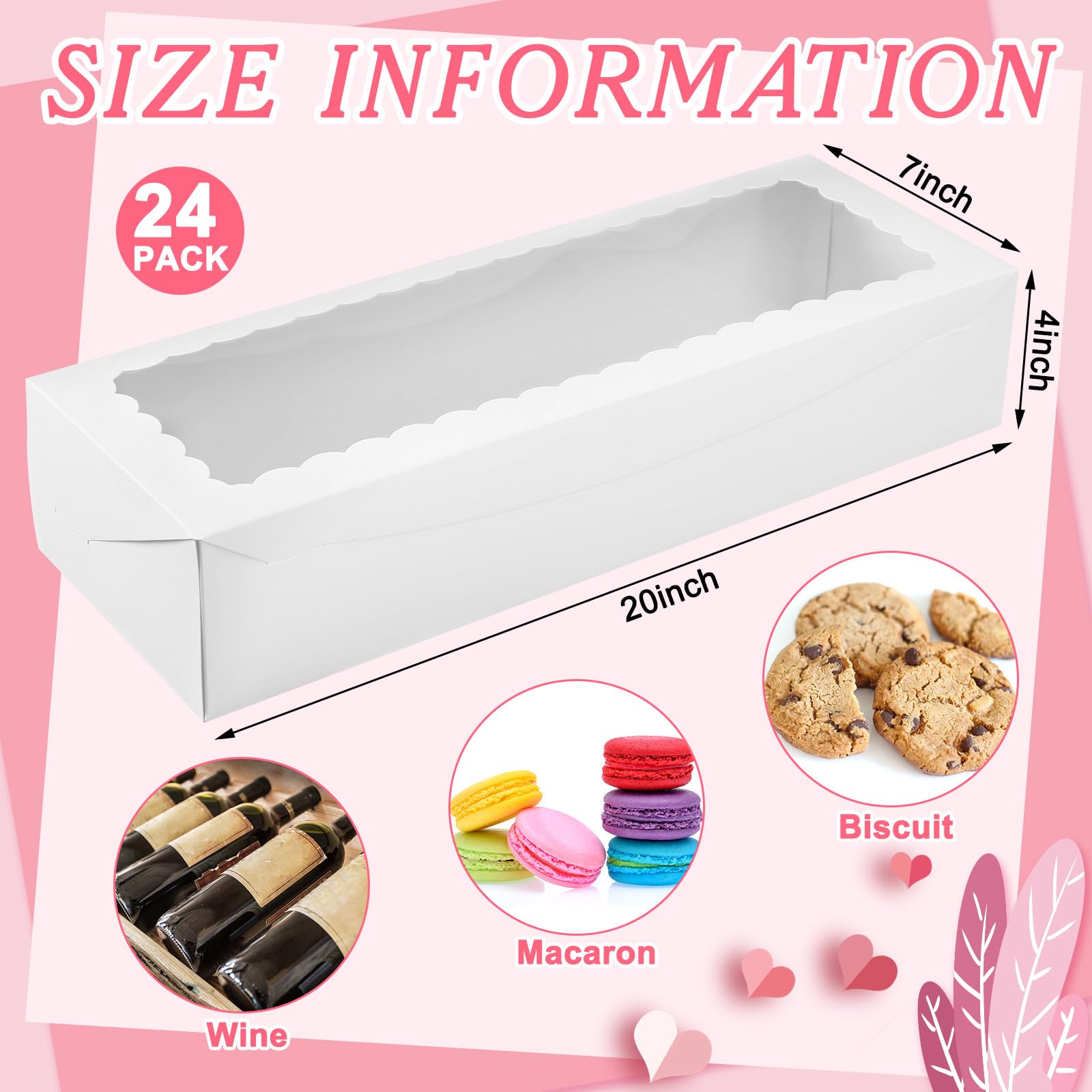 Glenmal 24 Pcs Rose and Wine Box Wine and Strawberry Boxes with Window 20'' x 7'' x 4'' Cookie Boxes Rectangle Bakery Boxes for Strawberries Treats Chocolate Cake Mother's Day(White)