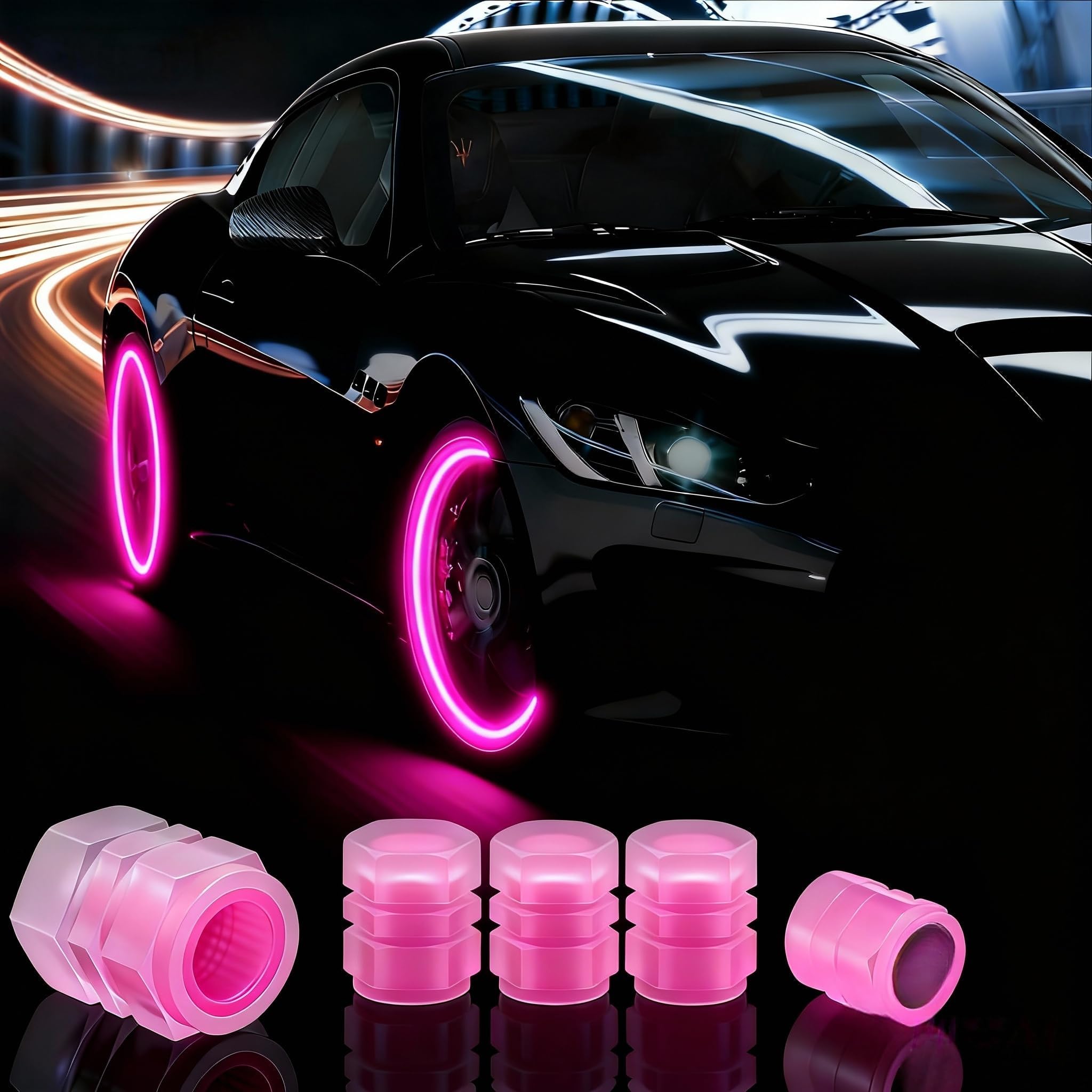 SHUNYIA 4 Pcs Glow in The Dark Tire Valve Caps for Alfa Romeo Tonale SUV 2022+,Fluorescent Tire Valve Stem Caps Glow Valve Stem,Pink