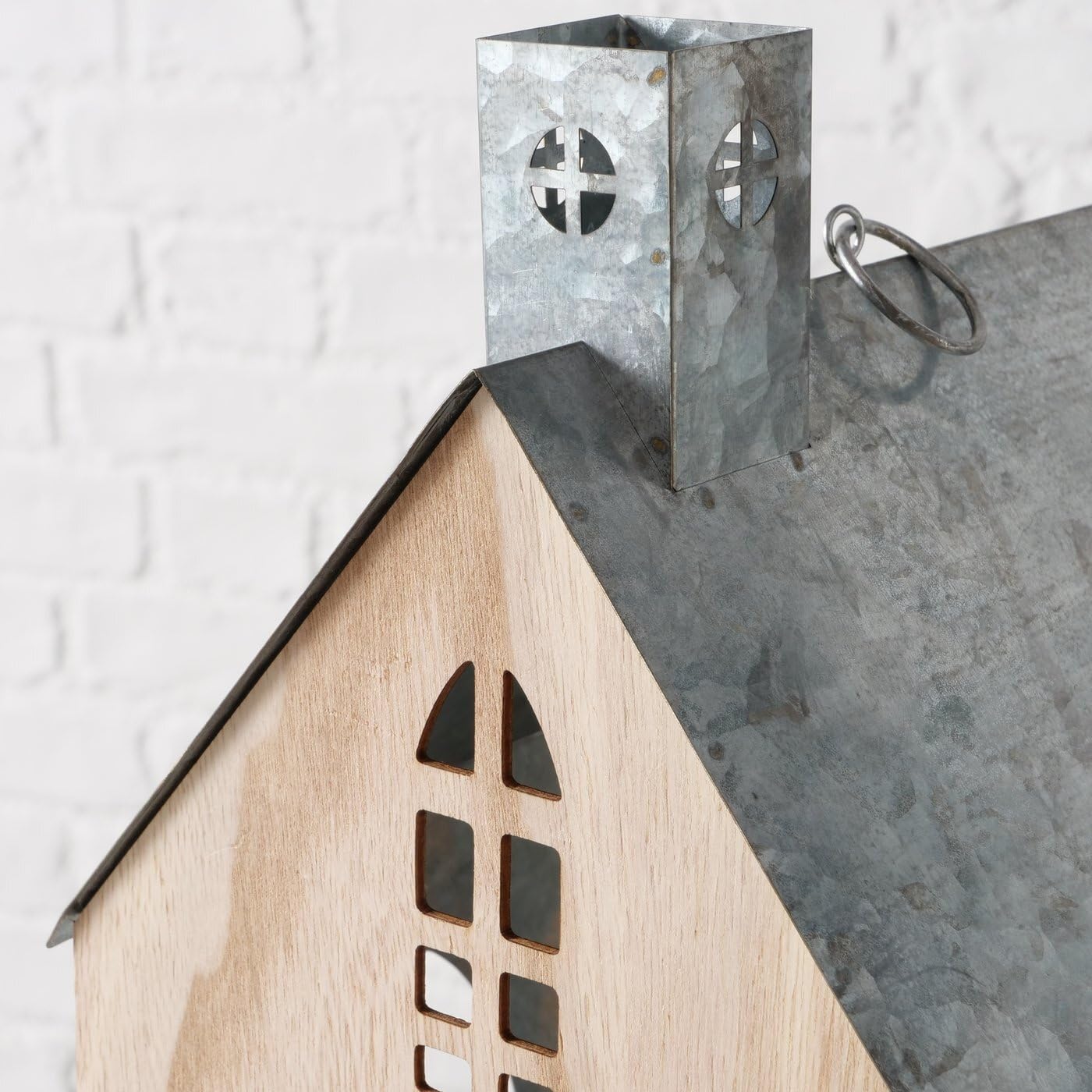 Boltze Home Laterne Lichthaus Zürich 2er-Set Silberfarben Natur Hausform Metall Holz Teelichthalter Kerzenhalter Dekoration für Innenbereich