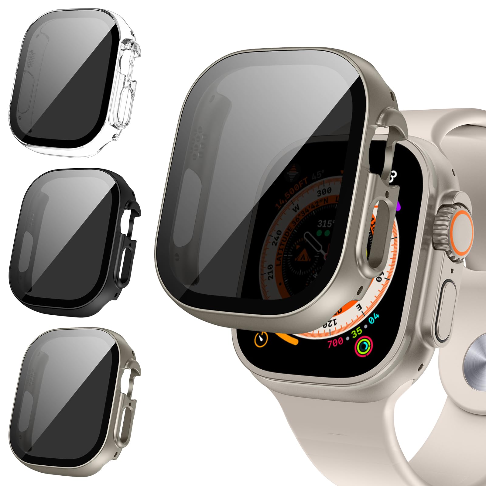 Tensea [3Pack] for Apple Watch Screen Protector 45mm 41mm 44mm 40mm 49mm Accessories, Face Cover Built-in Privacy Tempered Glass Film for iWatch Series 9 8 7 6 5 4 SE SE 2nd Generation Ultra Ultra 2