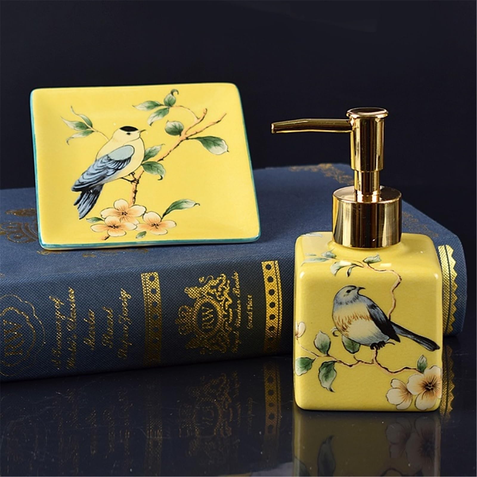 Dispenser di Sapone Set Creativo da Bagno in Ceramica Composto Due Pezzi, con Dispenser di Sapone Quadrato e portasapone(Blue)
