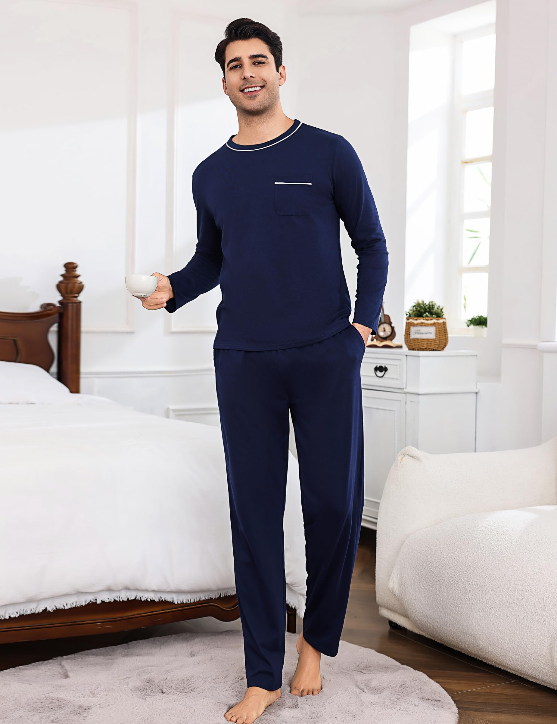 Litherday Pigiama Uomo Invernale Cotone Lungo Pigiami Due Pezzi da Uomo Manica Lunghe e Pantaloni con Tasche Morbido Loungewear